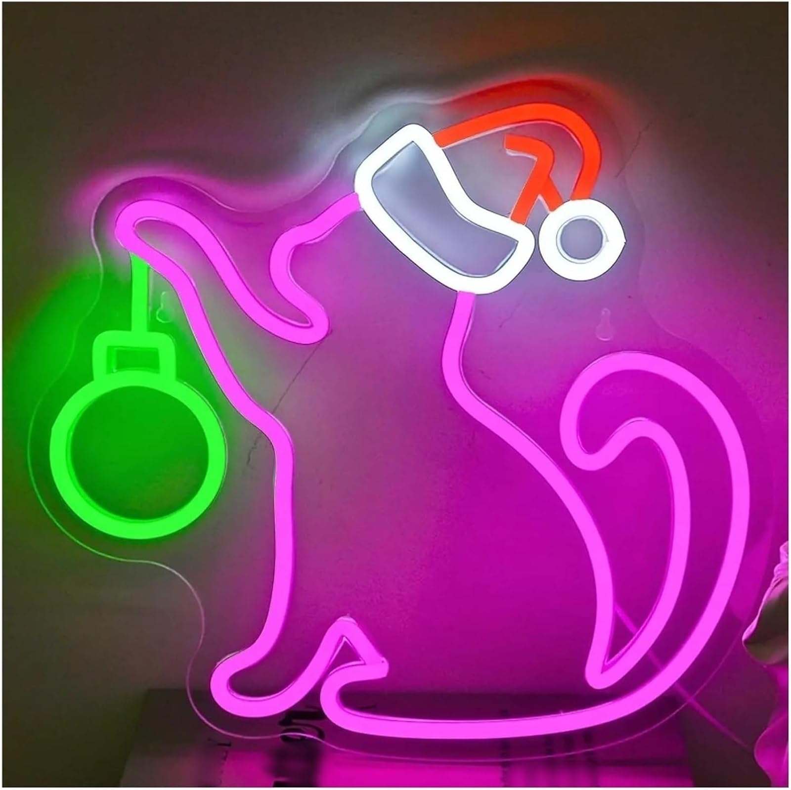 Letrero de neón Lámpara de neón con forma gato para gorro Papá Noel letrero luces LED regulables bonita decoración pared para habitación