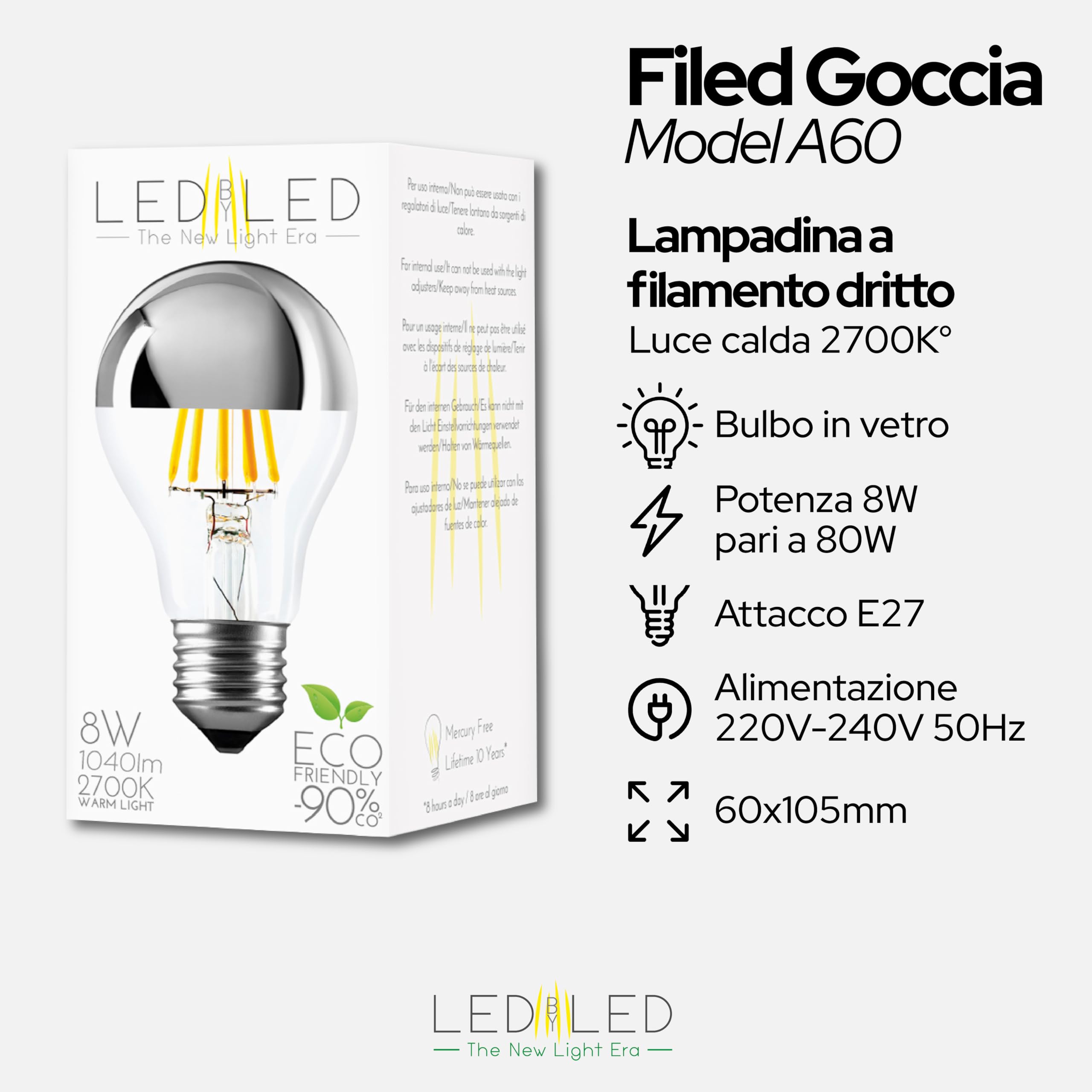 Lampadina Goccia Specchio 8W Pari a 80W, E27, Vetro Mirror-Trasparente Silver Top, 2700K Luce Calda, filamento LED dritto, 1040 Lumen, Pack 10 Pezzi