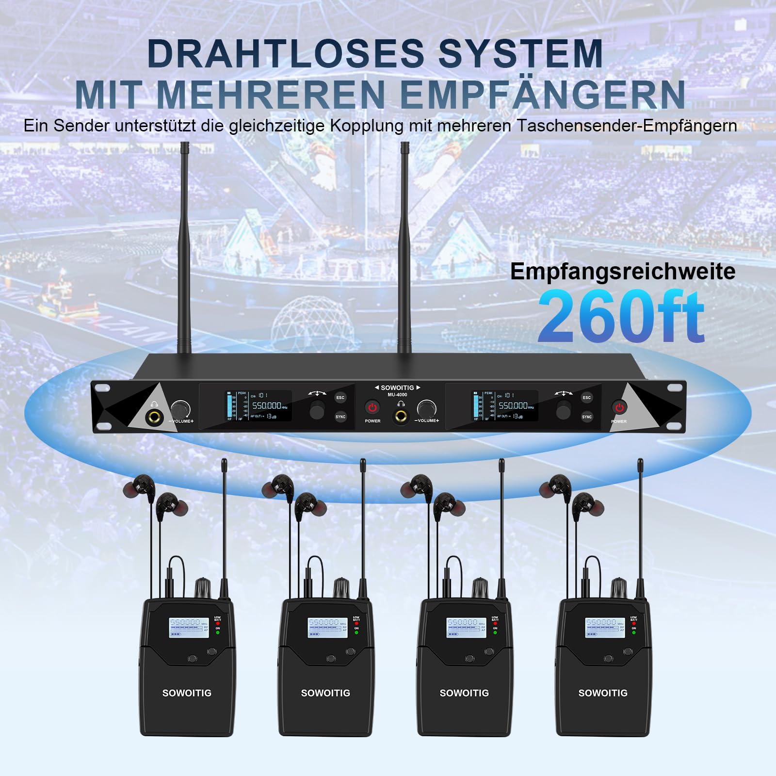 Drahtloses In-Ear-Monitoring-System, 2-Kanal UHF Mono IEM mit 4 Bodypacks | Metall-Rack-Sender, 2 × 40 Frequenzen, Reichweite bis 100 m, für Sänger, Bands, Studio und Bühne