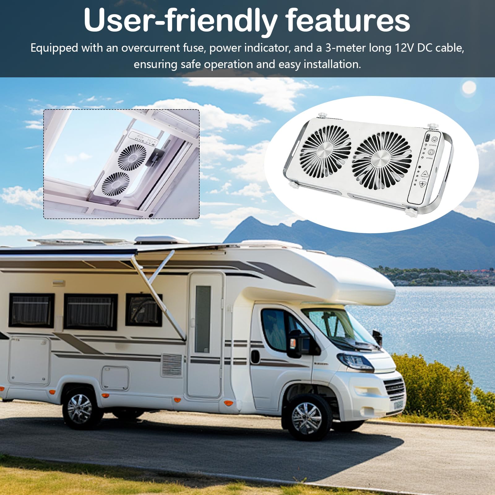 Ventilador De Techo Para Autocaravana, 12v Ventilador De Doble Fila Para Ventanas De Techo De Autocaravana Con 4 Velocidades Para Caravanas Camiones Y Furgonetas Extensible 37 A 59 Cm (Blanco)