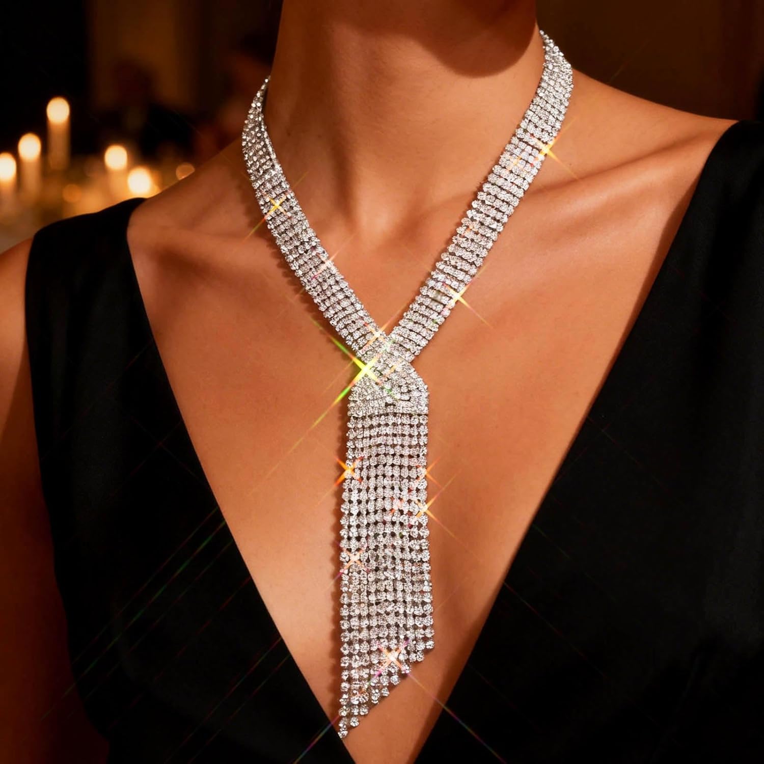 ELABEST Long Rhinestone Necklace Statement Tassel Necklaces Crystal Layered Y Choker for Women - Image 2