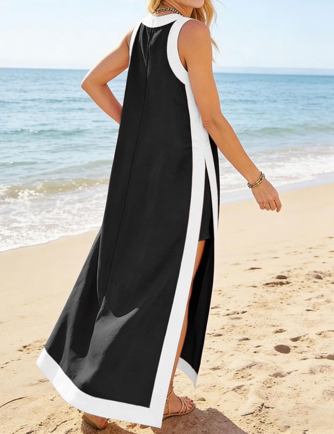 Hooever Women's 2 Piece Dress Sets Color Block Sleeveless V Neck Maxi Dress Matching Shorts with Pockets - Image 3