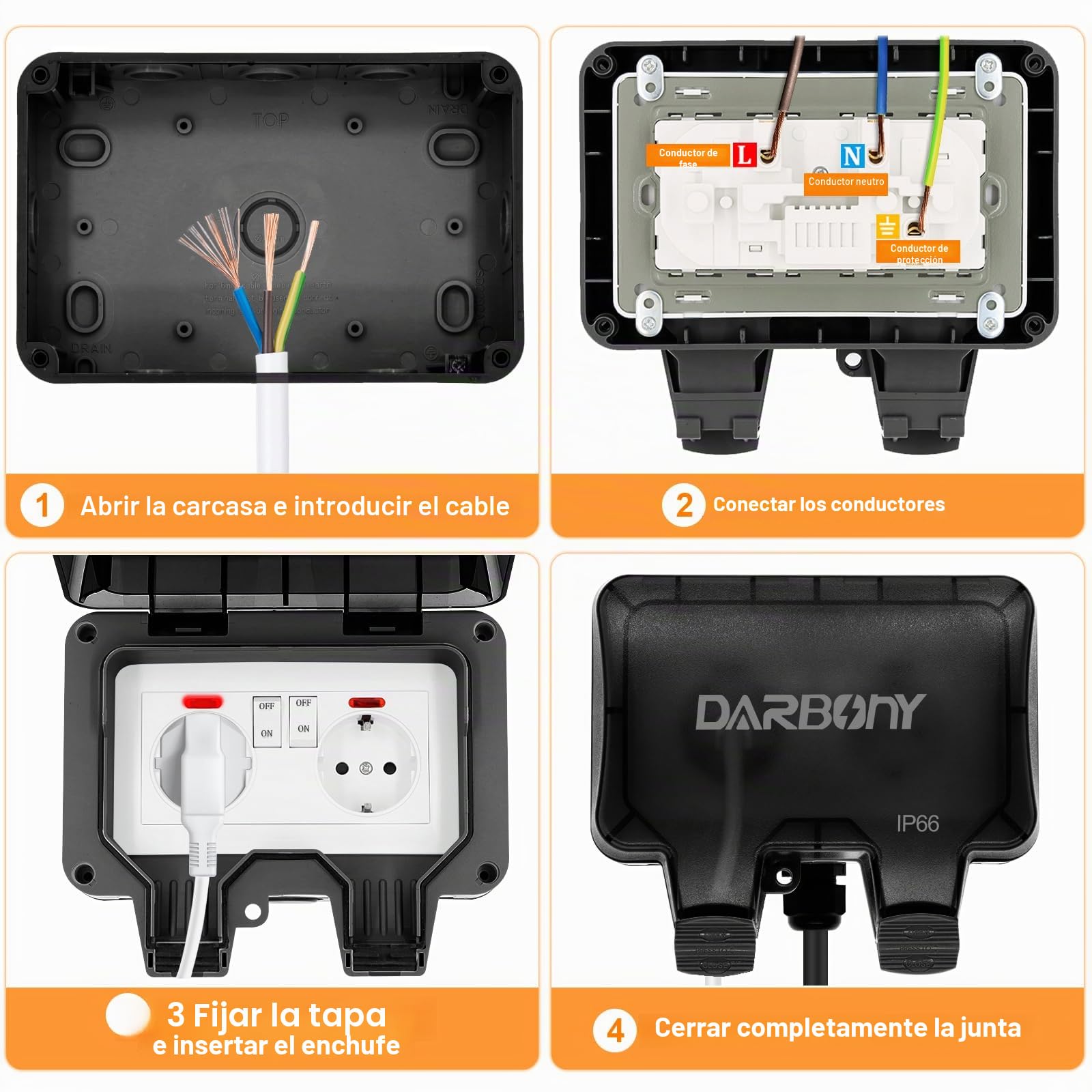 Enchufe exterior resistente al agua IP66 enchufe exterior enchufe exterior enchufe de superficie 3 m cable con interruptor 2 enchufes doble con tapa abatible resistente a la humedad resistente a la
