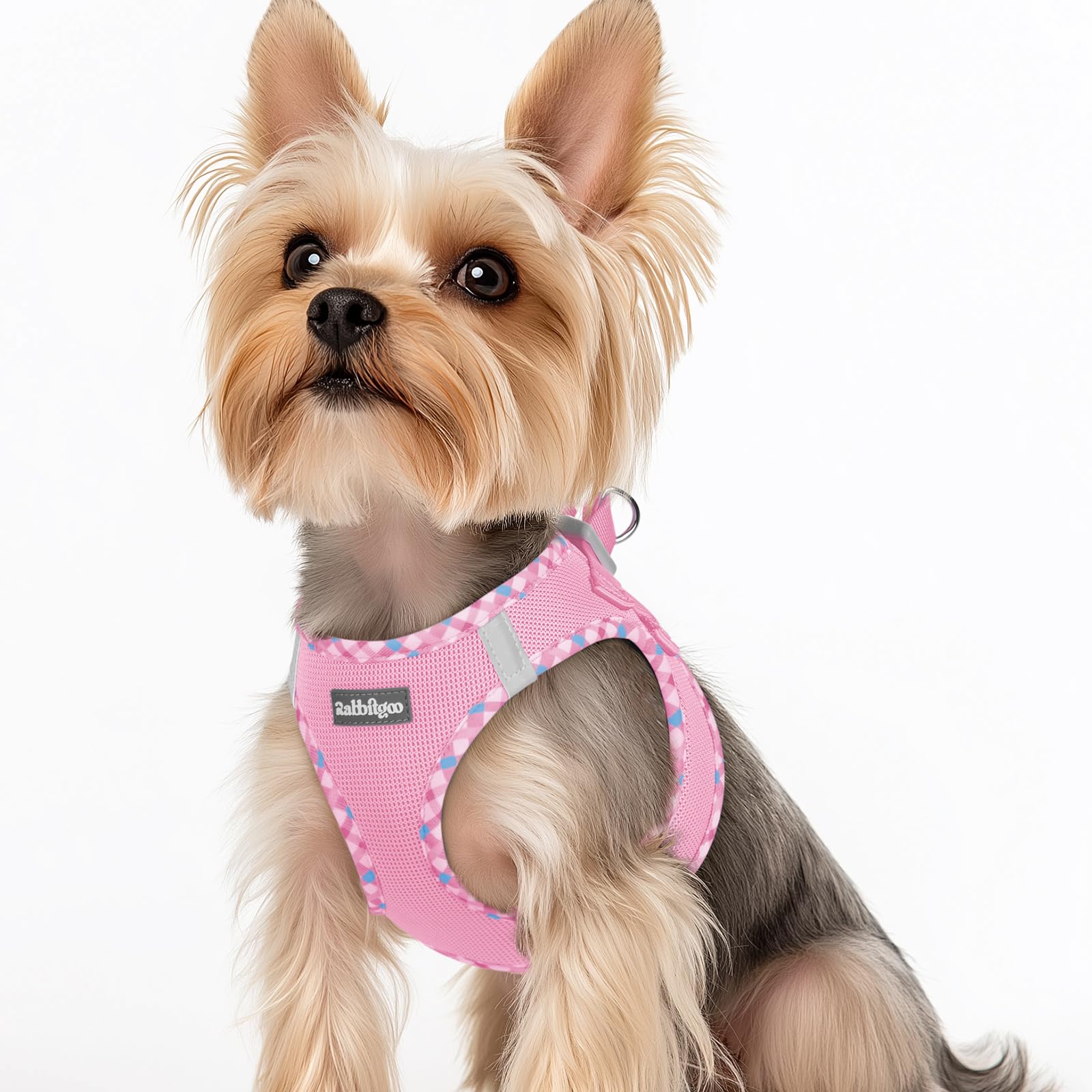 rabbitgoo Dog Harness Small Dog, Step-in Soft Mesh Puppy Harness with Reflective Strips, Lightweight Breathable Pet Vest for Walking Training, Pink & Plaid Trim, XS