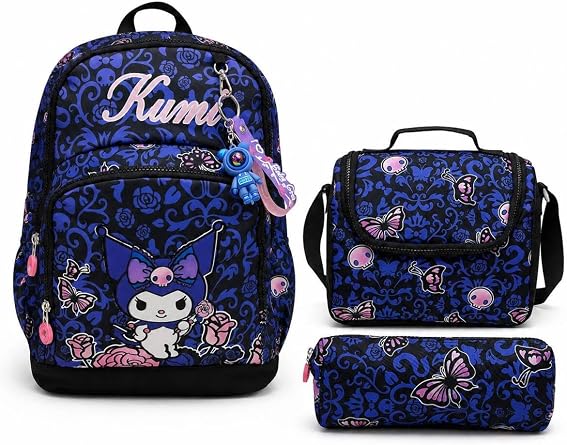 Saten Kumaş Nakışlı Ortopedik Okul Çantası, Kalemlik ve Beslenme Çantası 3'lü Set, Çok Renkli