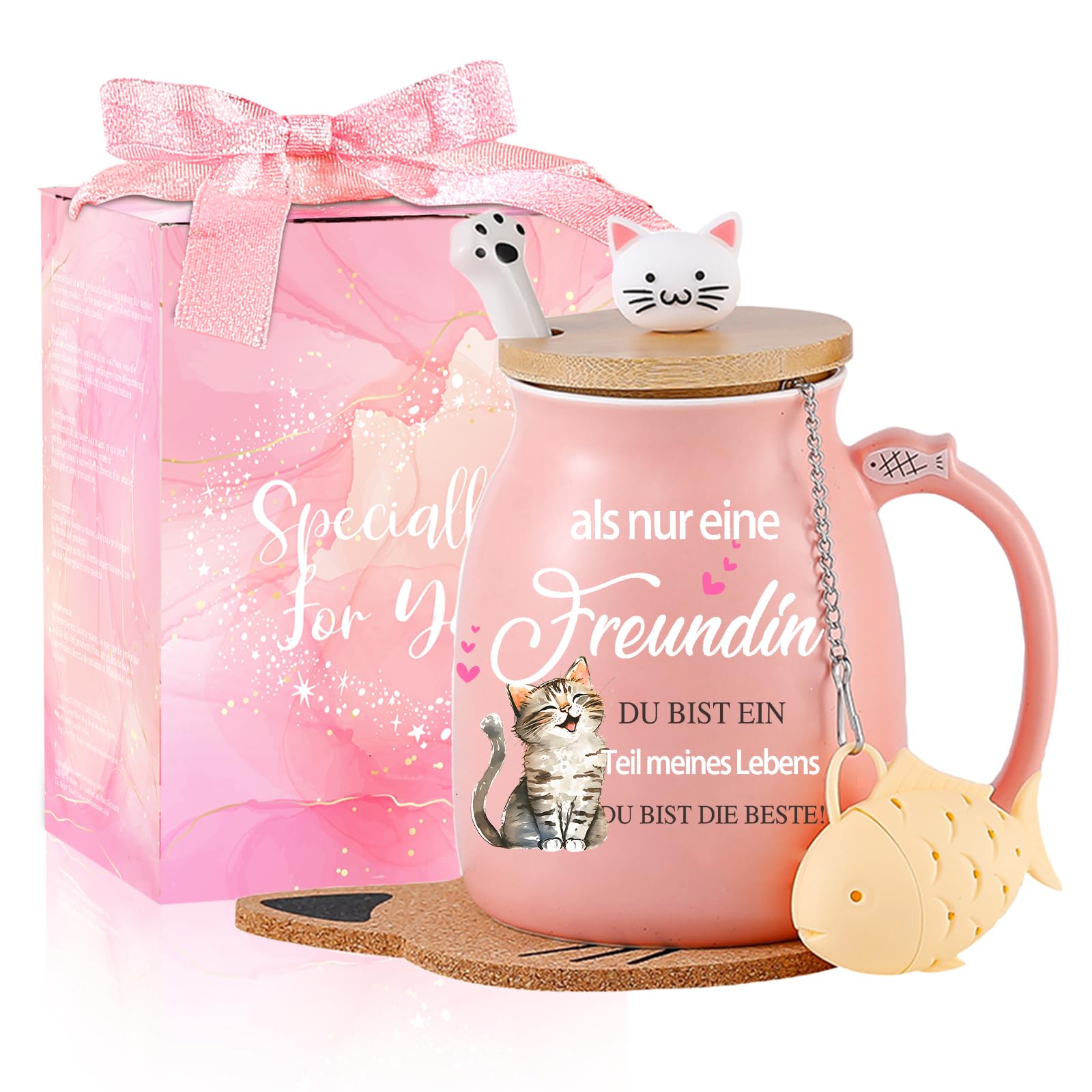 Katzen-Tasse Süße Keramik Kaffeetasse mit deckel,Edelstahl Löffel, Neuheit Morgen Cup Tee Milch Weihnachten Becher Geschenk 380ML