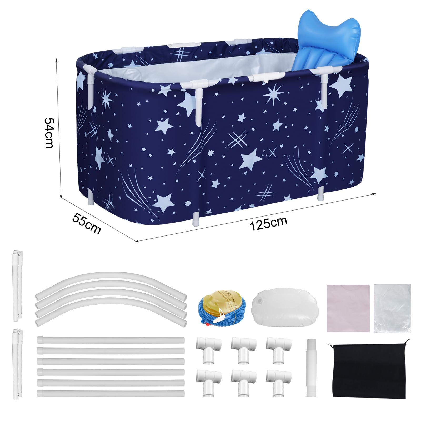 Baignoire Pliable Adulte, Grand Antidérapant Baignoires Portable Mobile pour Douche, Pliante SPA Baignoire pour Petite Salle de Bain, Trempage Autoportante Baignoire, 125x55x54cm (Bleu 125cm)