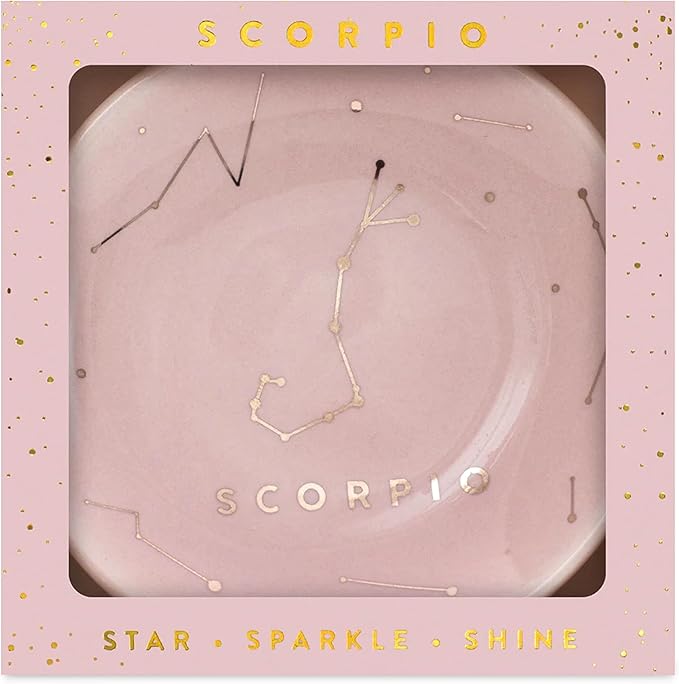 Lucky Feather Zodiac Ring Dish for Women – Glazed Ceramic Jewelry Tray with Astrological Constellation Depicted in Opulent Metallic Gold - Scorpio