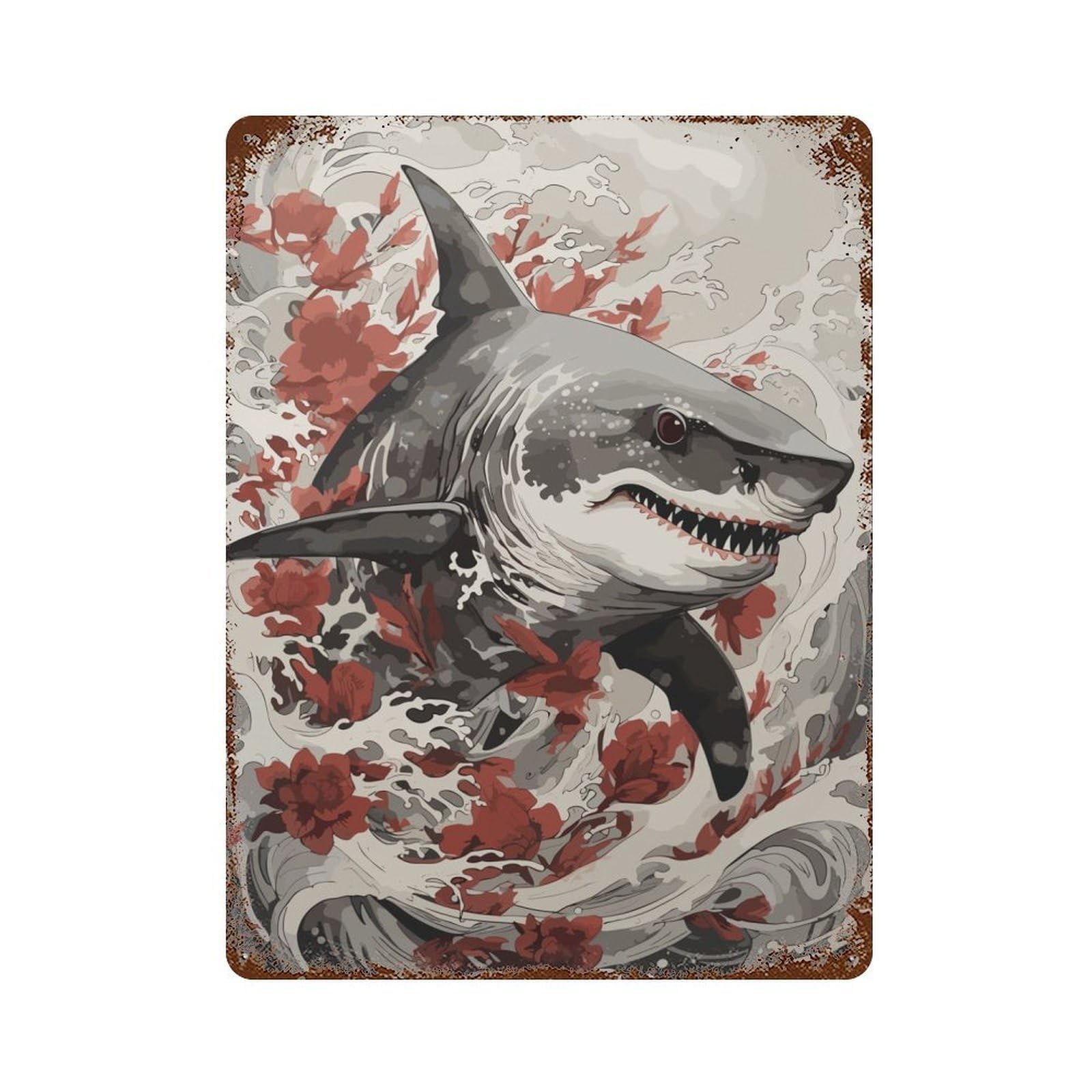 Vintage Rust Metal Sign with Shark Japanese Painting Design 15.7"x11.8", for Shed, Workshop And Garage Wall Decor, Classic Wall Plaque