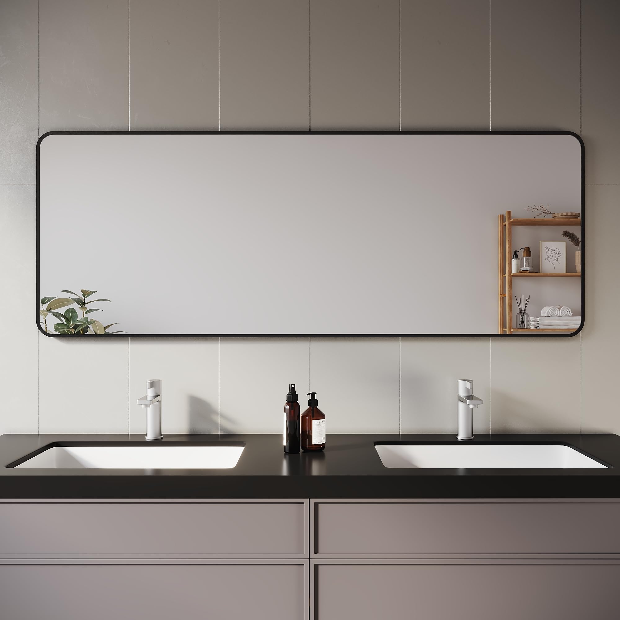 SIRHONA Miroir sur Pied 160x60cm, Miroir Pleine Longueur avec Cadre en Aluminium, Montage Suspension ou Placerr, Antichute, Noir avec Support