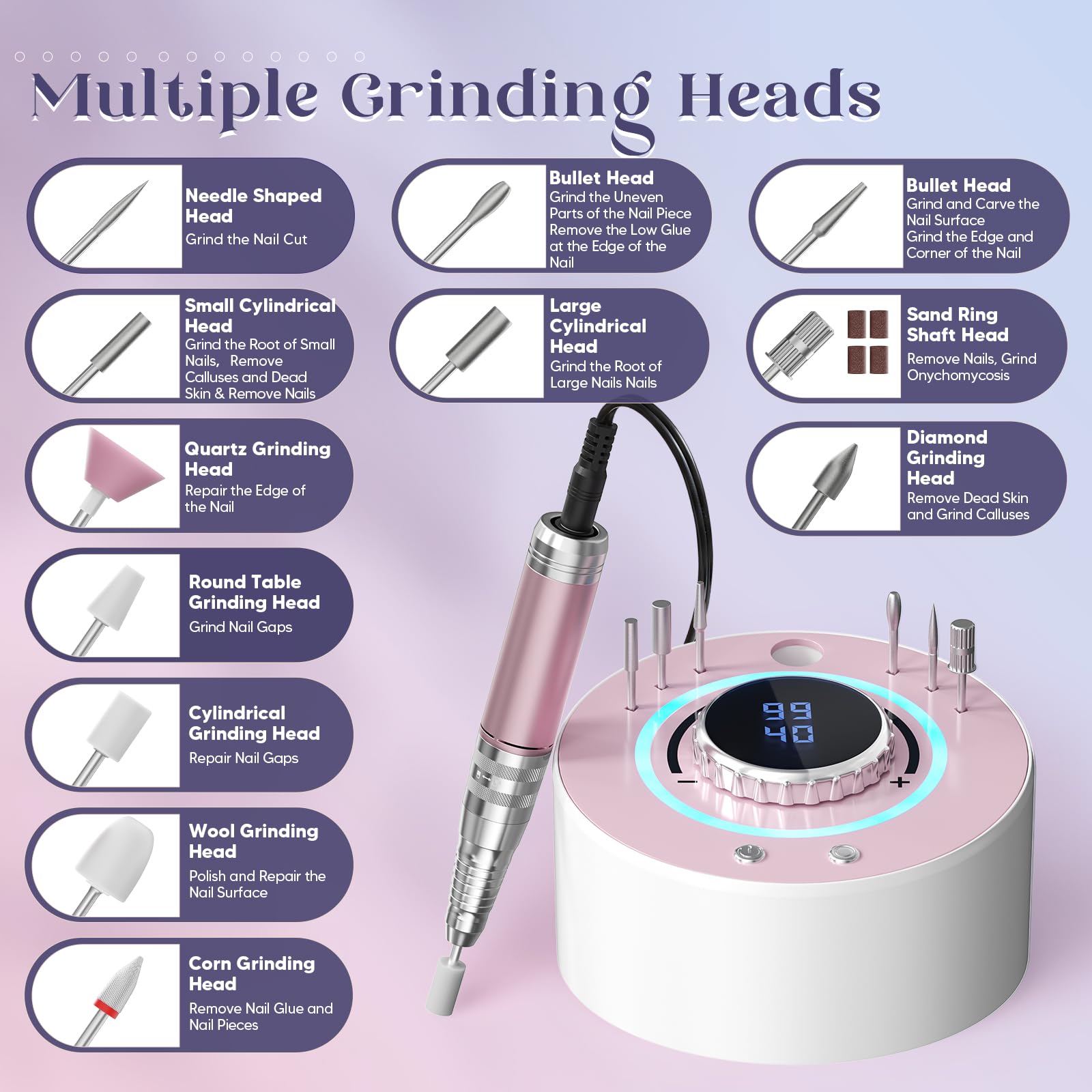 Fresa per Unghie Professionale 36000 RPM, Fresa Per Unghie Con 12 Testine Di Levigatura, Display LCD Ricaricabile Batteria Design, per Manicure e Pedicure Rimozione Smalto Calli e Duroni (Rosa)