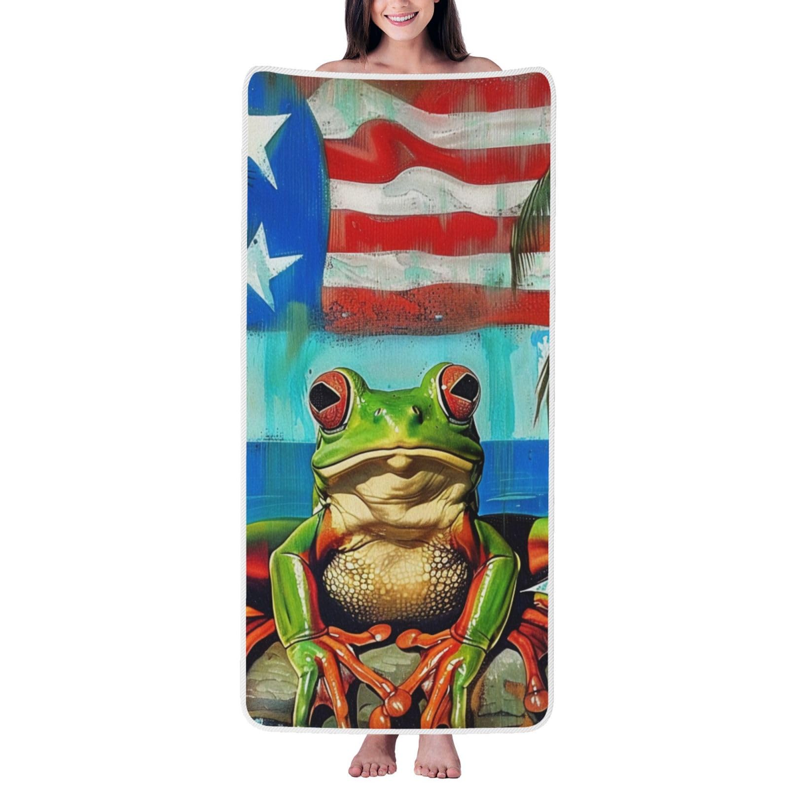 WPKJU Puerto Rico Flag Frog Palm Trees Printed Bath Towel with White Edging - 27x55 in Soft Extra Absorbent Coral Velvet Shower Towels for Bathroom
