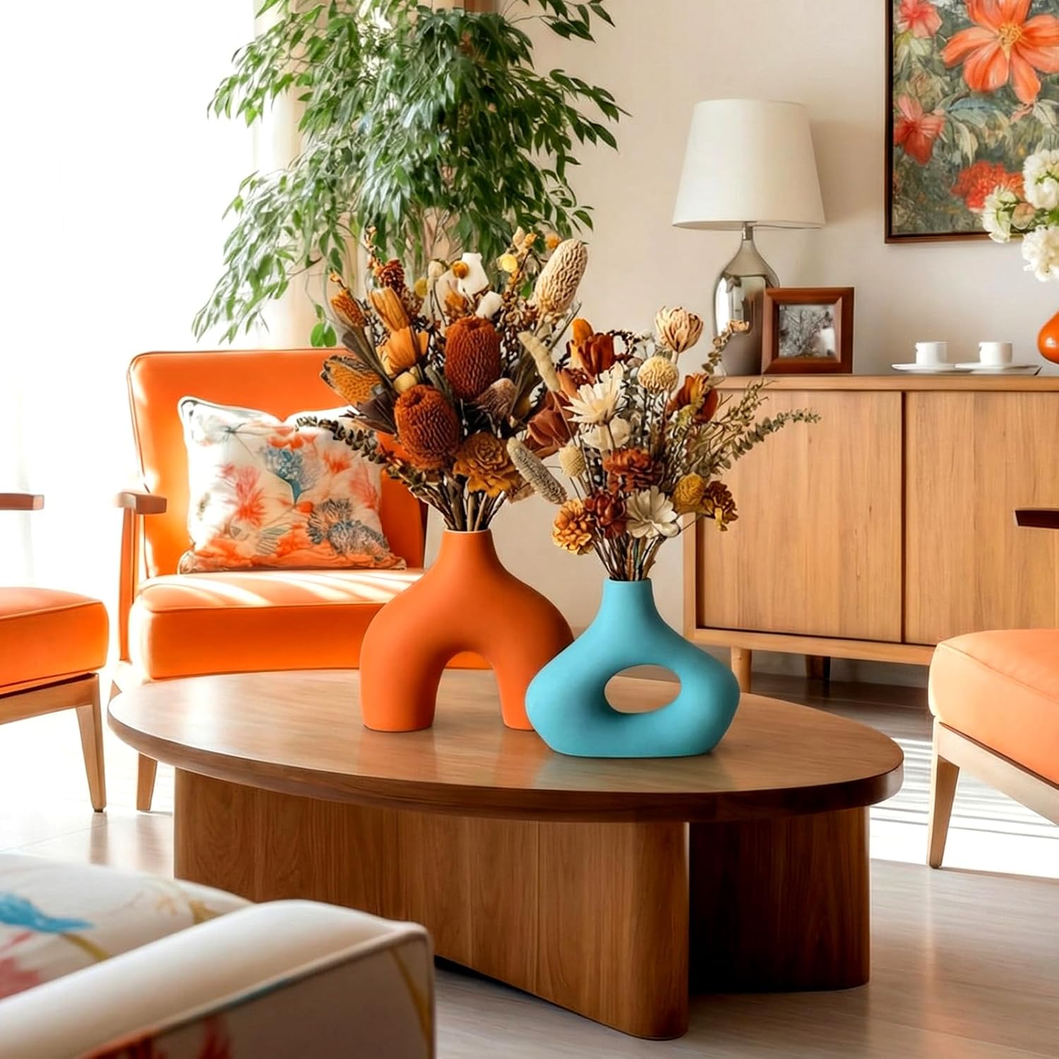 Patelai 2 Pack Mid Century Decor Mid Century Ceramic Donut Vase Vintage Farmhouse Round Matte Vase for Boho Home Dining Living Room Office Bedroom Shelf Decor(Orange Blue)