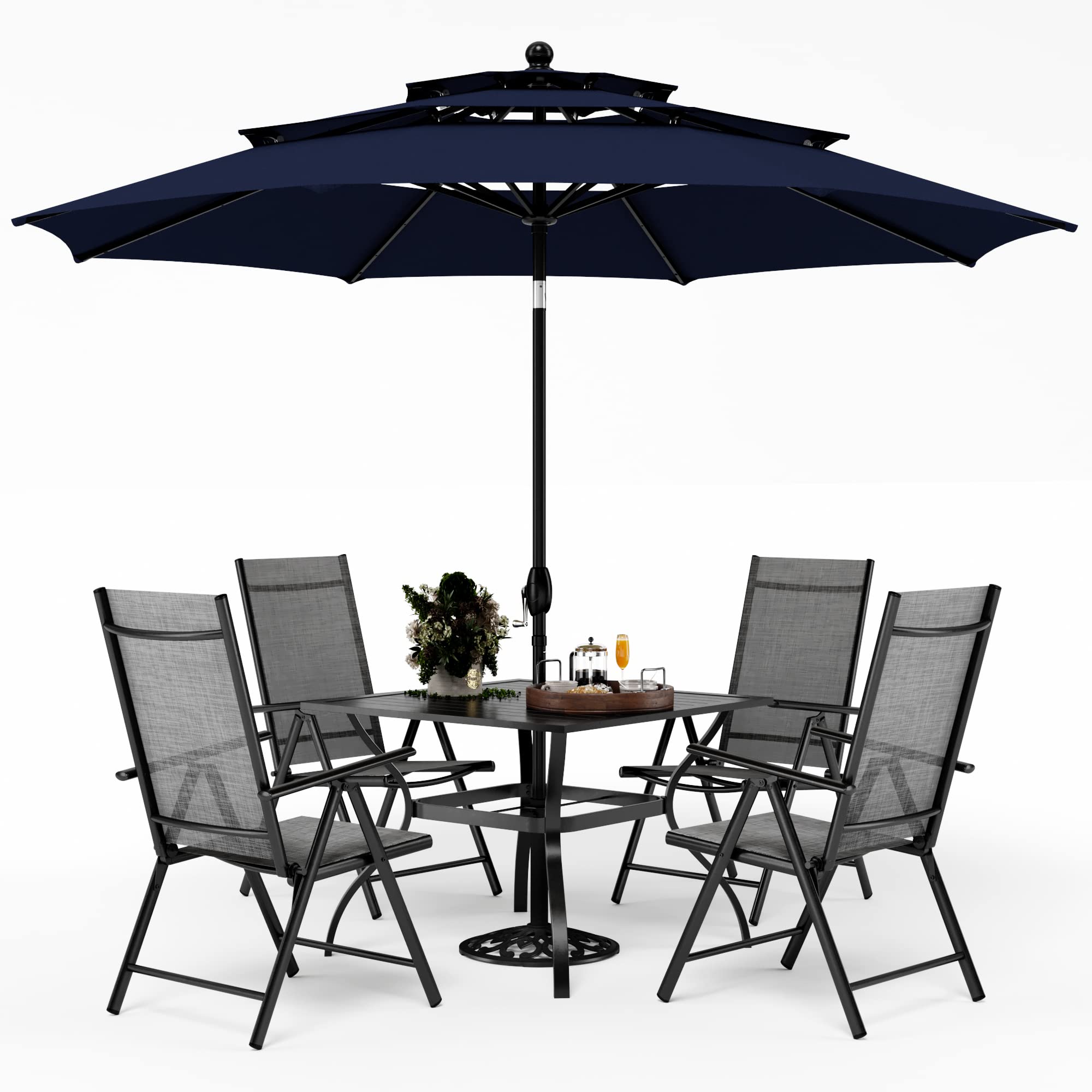 PHI VILLA Outdoor Patio Dining Set with Umbrella (No Base), Patio Table and Chairs Set for 4 with Adjustable Folding Patio Chairs Grey & Metal Square