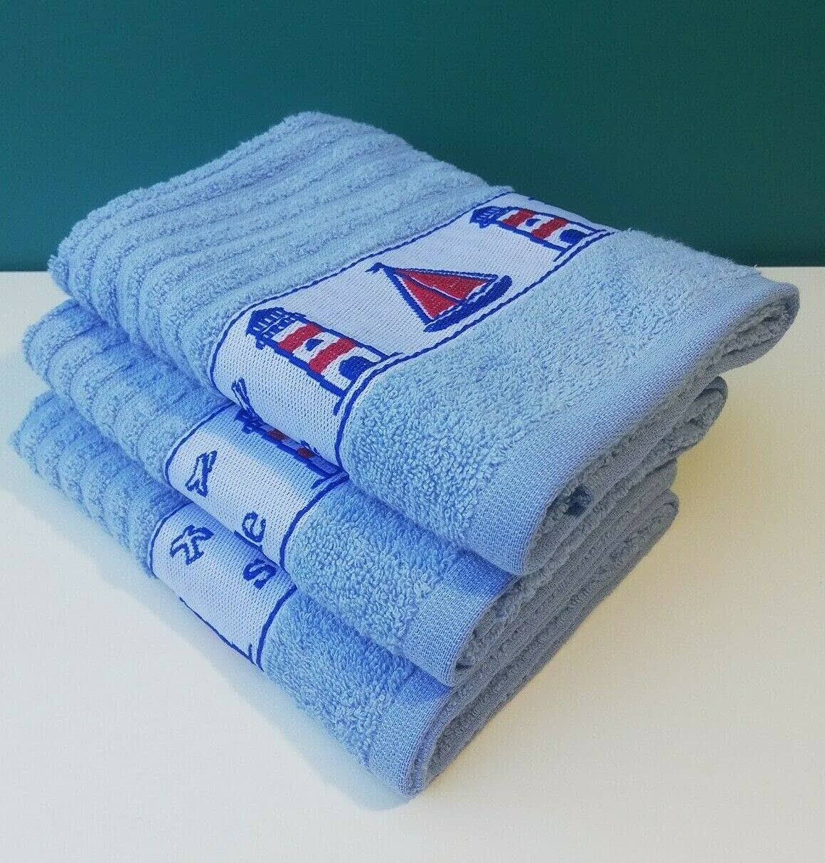 Sue Rossi Ltd Blue Lighthouse 100% Cotton Tea Towels Waffle Embroidered Seaside Cooks Cloth 3 Pack Kitchen Towel Set (Blue Lighthouse)