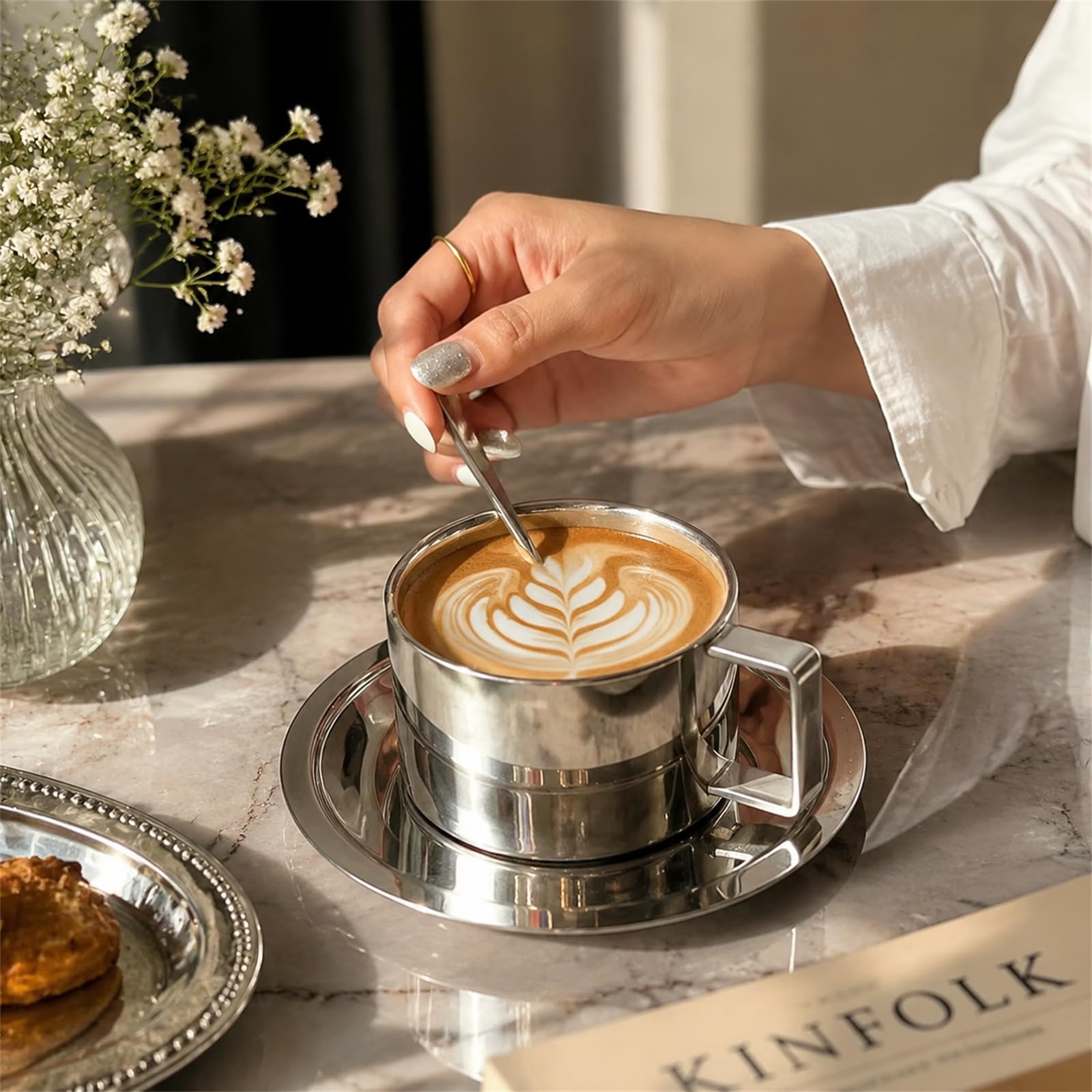 ZENFUN Zestaw 4 filiżanek do kawy ze stali nierdzewnej, kubki do espresso, kubki do kawy z podwójnymi ściankami, naczynia do latte, cappuccino, mleka, herbaty, 4 szt