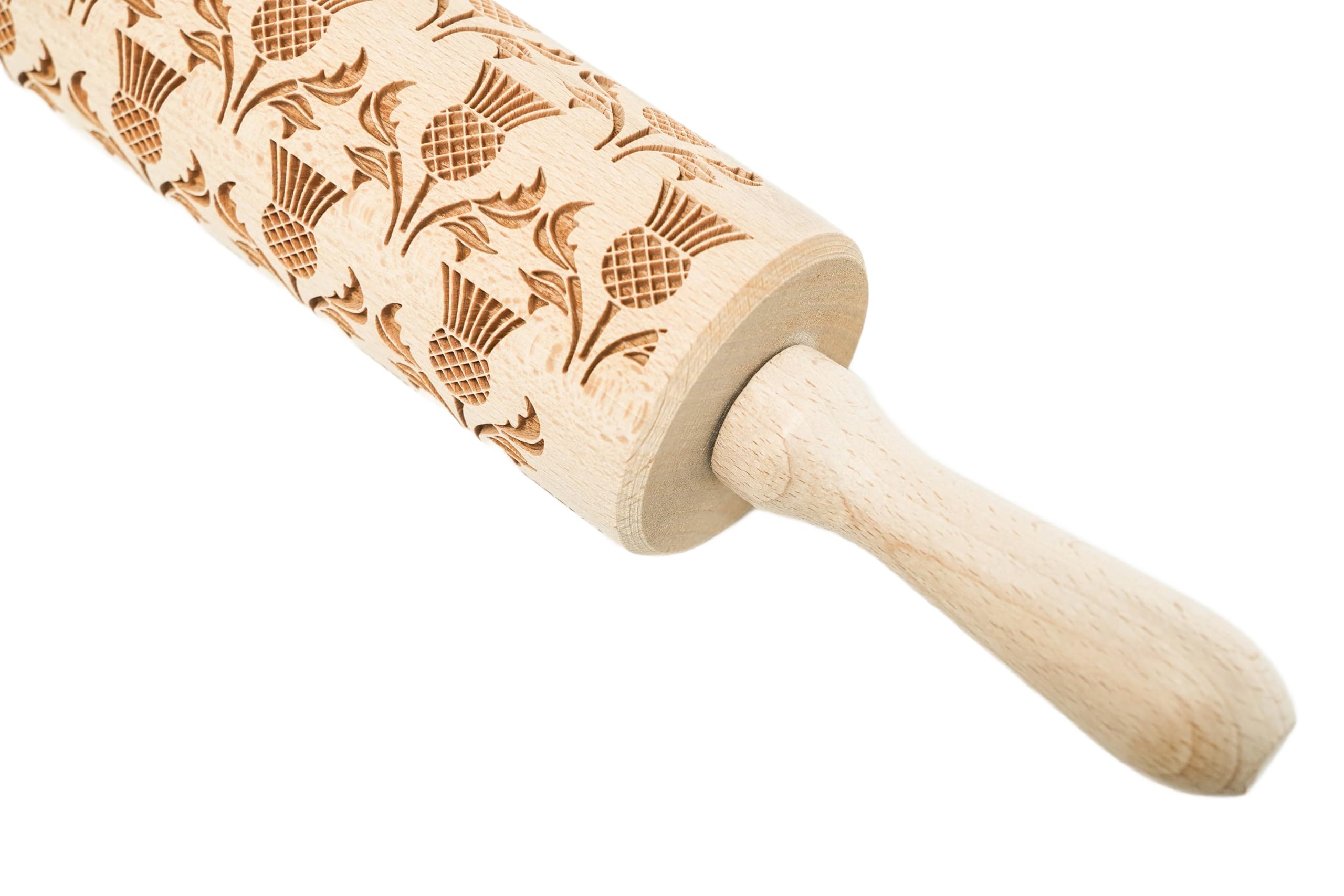 Teigroller aus Holz, Gravierte Holzrolle mit Wunschname auf Griff, Roller mit Muster für Teig, Kuchen & Backwaren, Nudelholz für Müheloses Ausrollen, Ø 6 cm x 43 cm, Schottische Distel