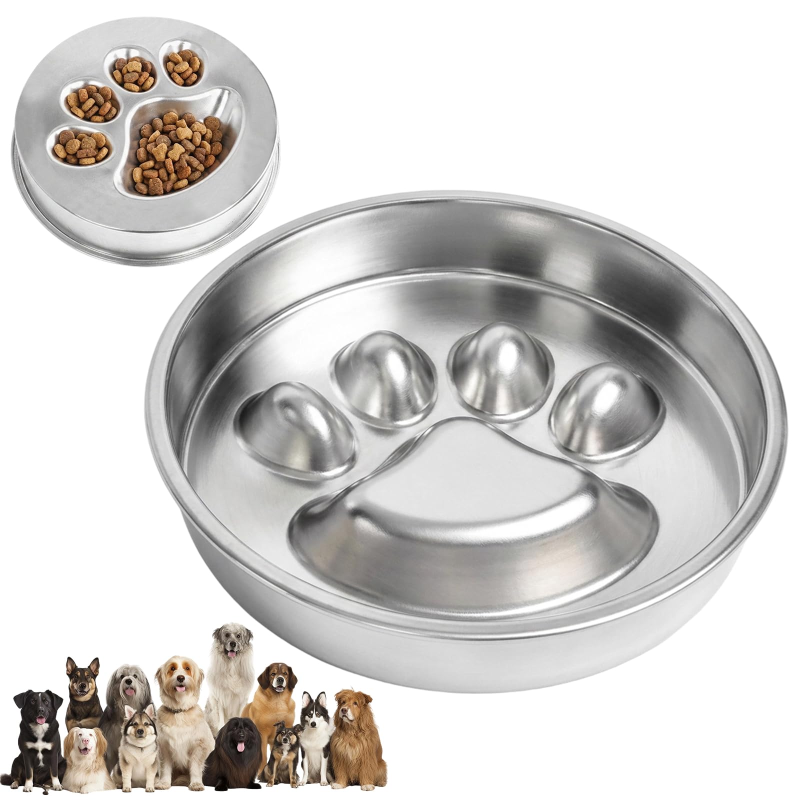 Metal Slow Feeder Dog Bowl for Fast Eaters, Stainless Steel Pet Bowl to Slow Down Eating for Medium and Large Dogs, Pet Food Bowls with Non-Slip Silicone Mat for Dry and Wet Food Medium Large Dogs