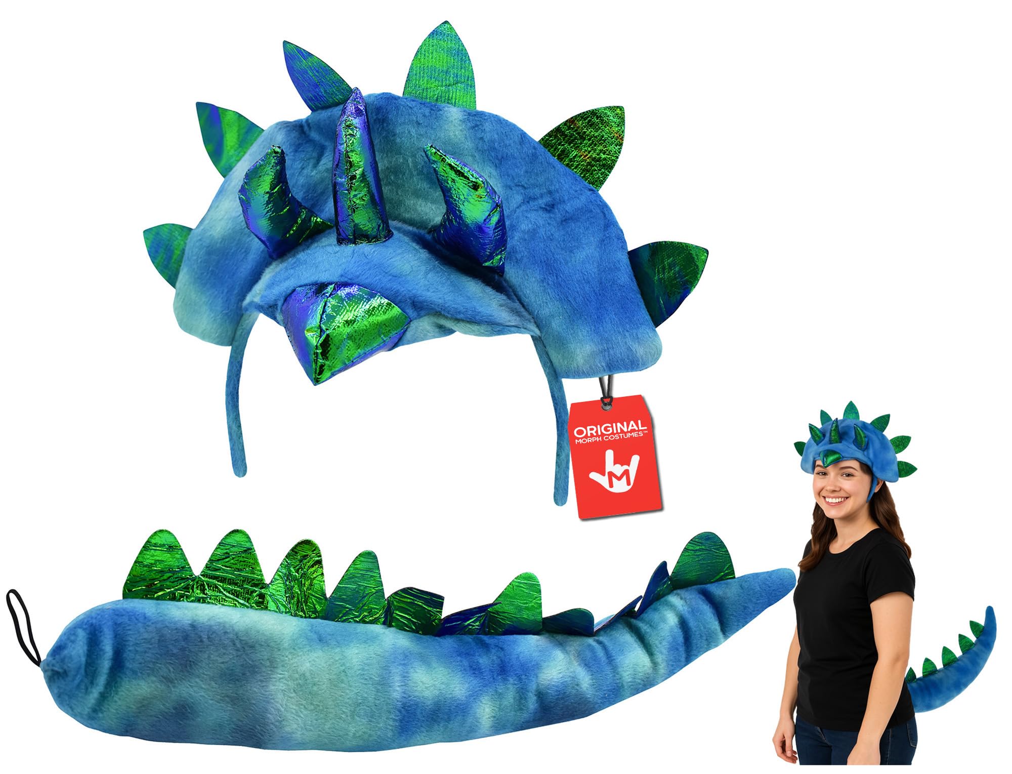 Adult Triceratops 3 Horn Dinosaur Headband Tail Colorful Costume Accessory Set (Blue), Blue, One Size