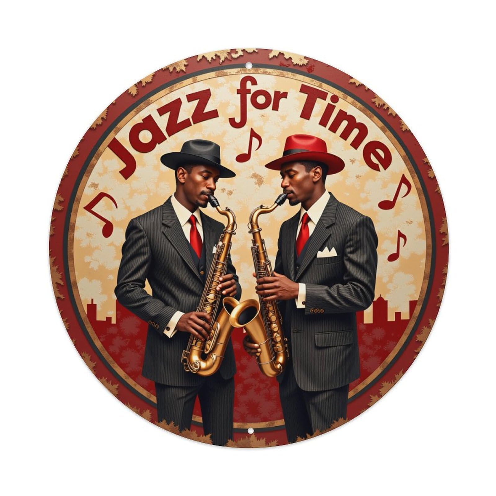 Jdfenggu Vintage Jazz Musicians Playing Saxophones Cityscape Background Retro Metal Tin Sign, Metal Poster For Bar, Home, Man Cave, Kitchen, Laundry Room Art Decor 8X8 Inch