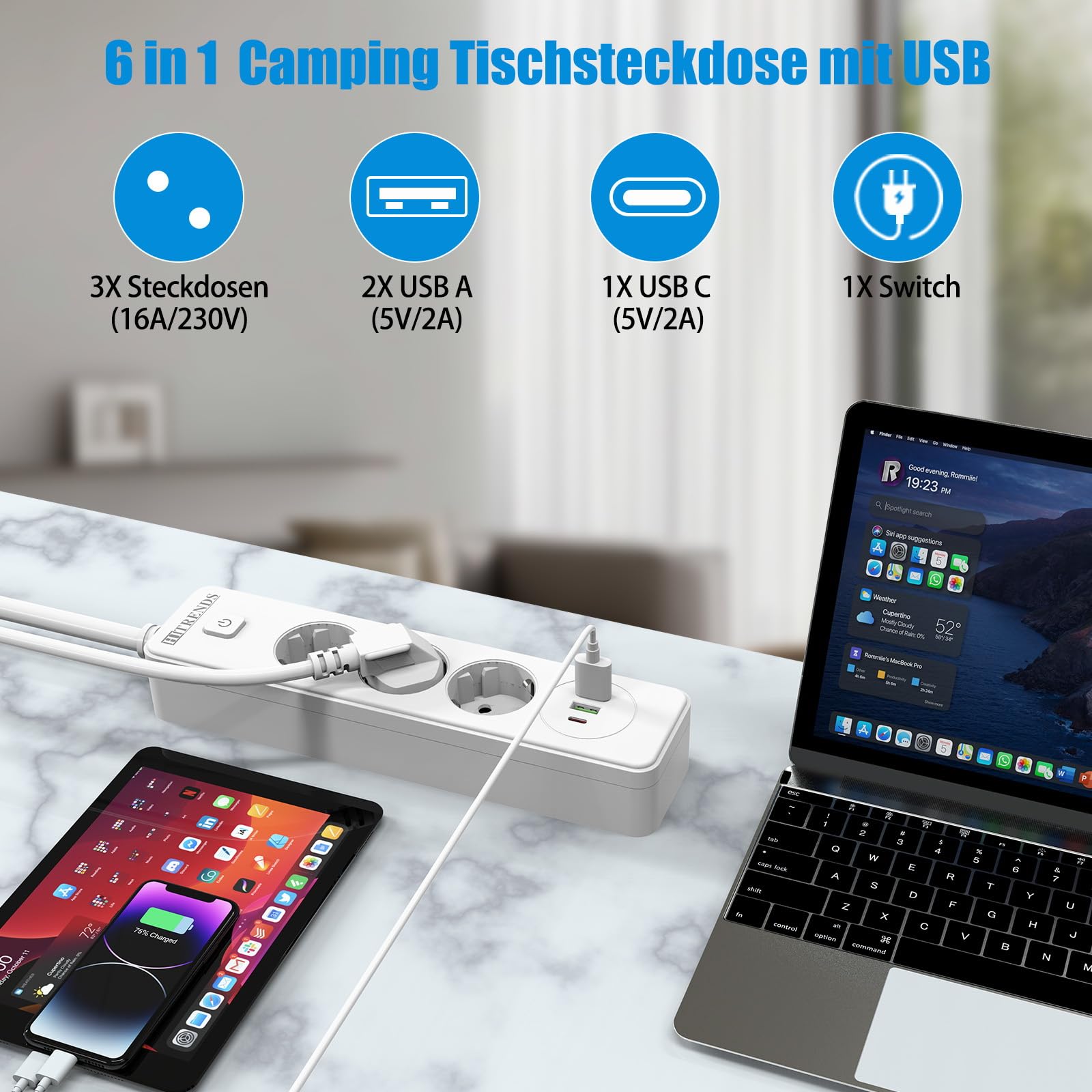 Versenkte Steckdose mit USB, Einbausteckdose mit Schalter, 3 Fach Tischsteckdose, Steckdosenleiste mit 2 USB A+1 USB C, Steckerleiste mit CEE-Stecker für Camping, Wohnwagen, Zelt, 5M Kabel-Weiß, IP44