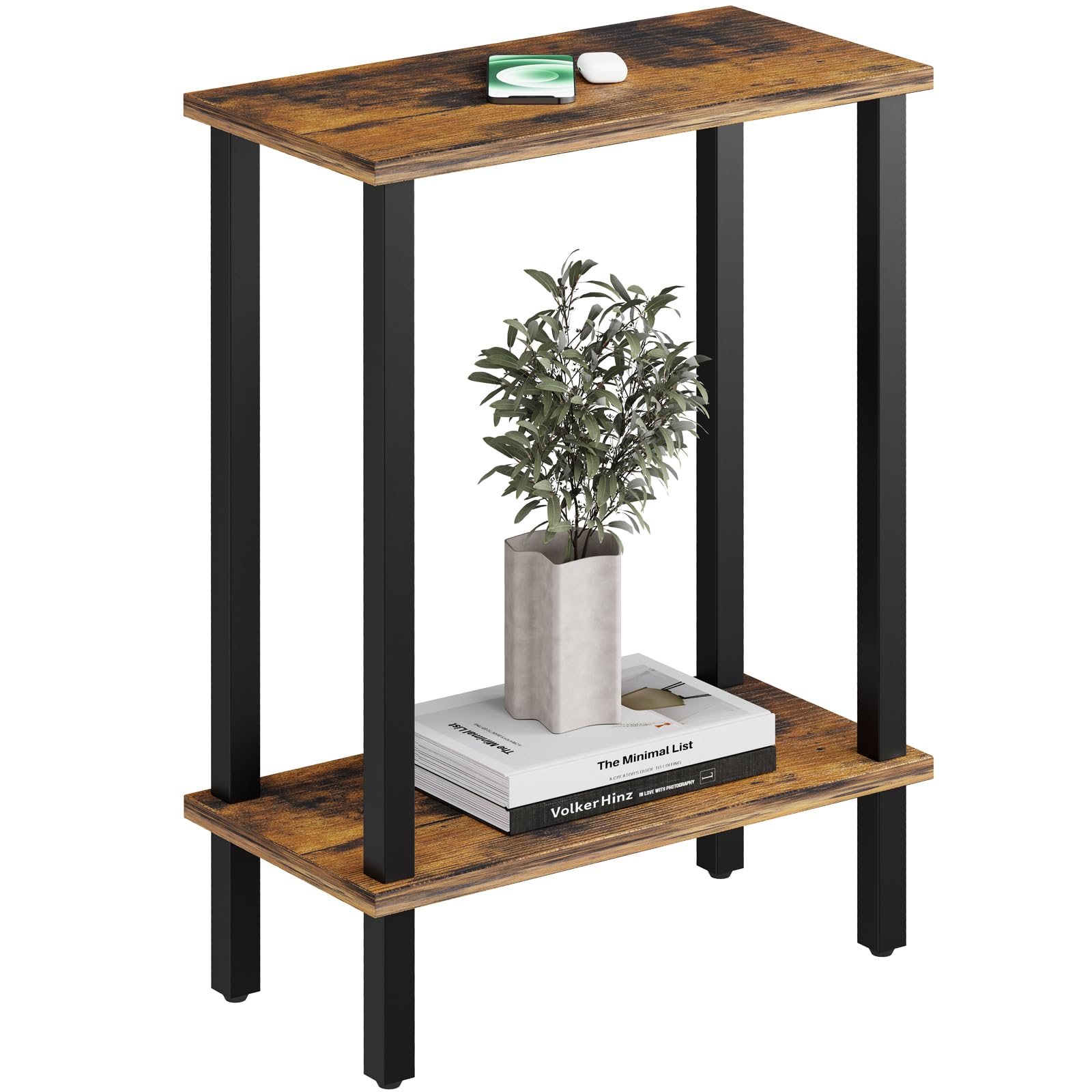 Yirilan Small Side Table, Narrow End Table, 2-Tier Open Shelf, Living Room, Bedroom, Brown, 40x20x57cm