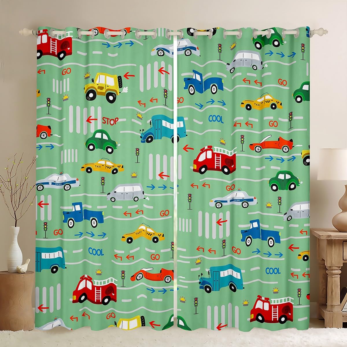 Homemissing Boys Multicolored 13214 Transport Cars Blackout Curtains(30%-50%) Transport Vehicles Cars Window Curtains Firemen Car Vehicle Window Dreapes For Police Car Window Treatments Race Car Green W52*L63