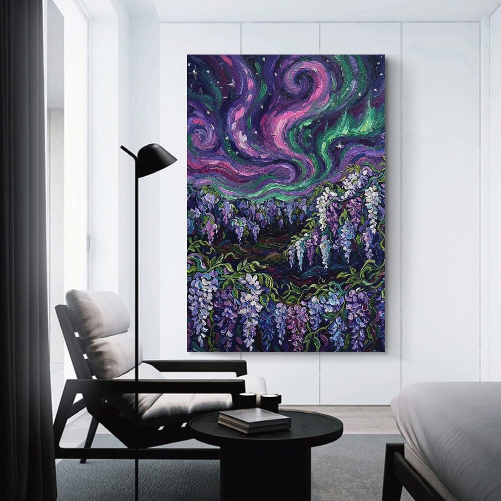 Junmoney Wisteria Under The Aurora Canvas Wall Decor 20x30inch(50x75cm), for Lounge, Study, Hallway Or Flat Walls, Canvas Wall Art That Fits Changing Layouts