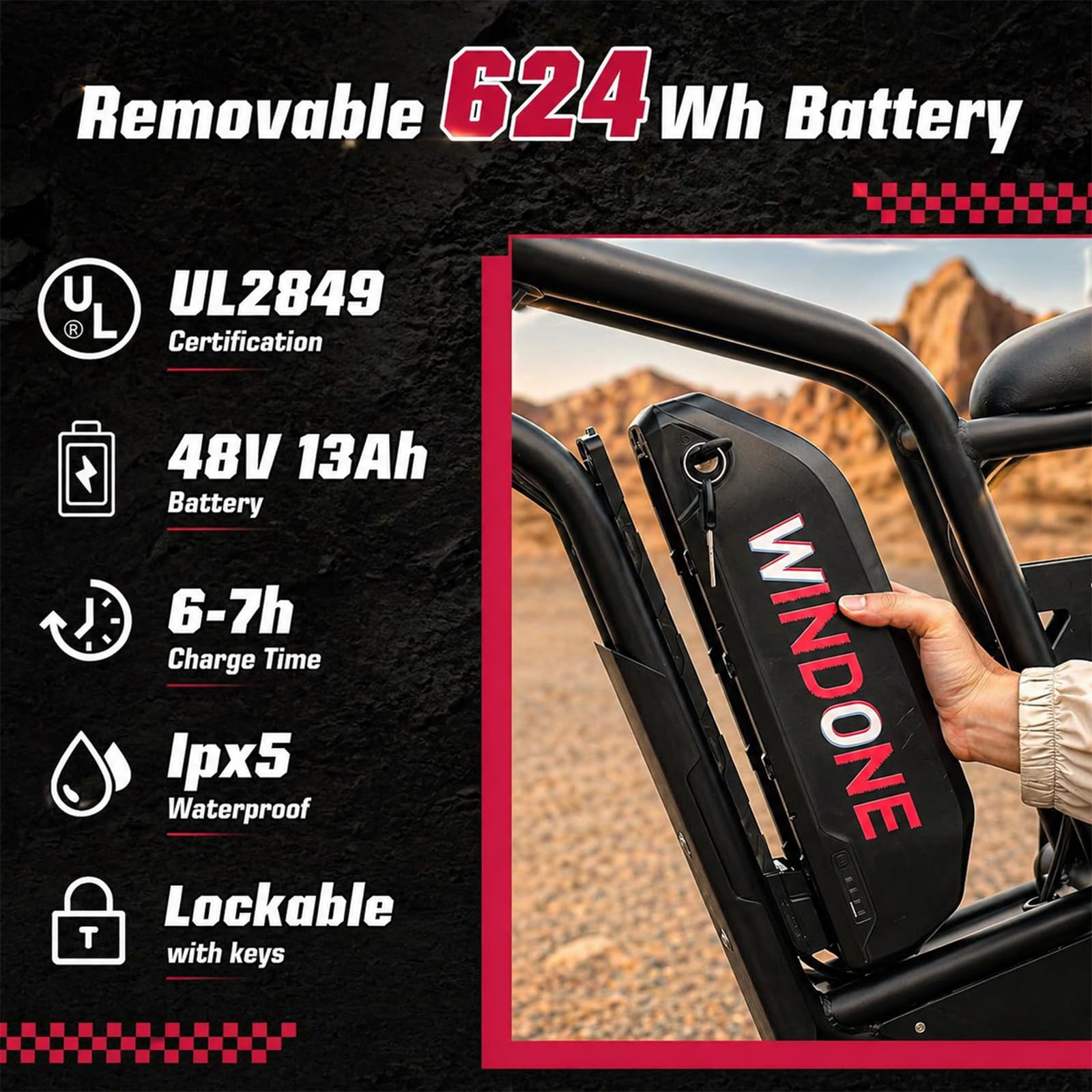 Windone E2 Electric Bike for Adults - 1000W Peak 20" Fat Tire Electric Dirt Ebike, Up to 32KM/H, 75KM Range, 48V 13Ah Removable Battery, Moped Style All-Terrain E Bike for Commuting & Off-Road - 3