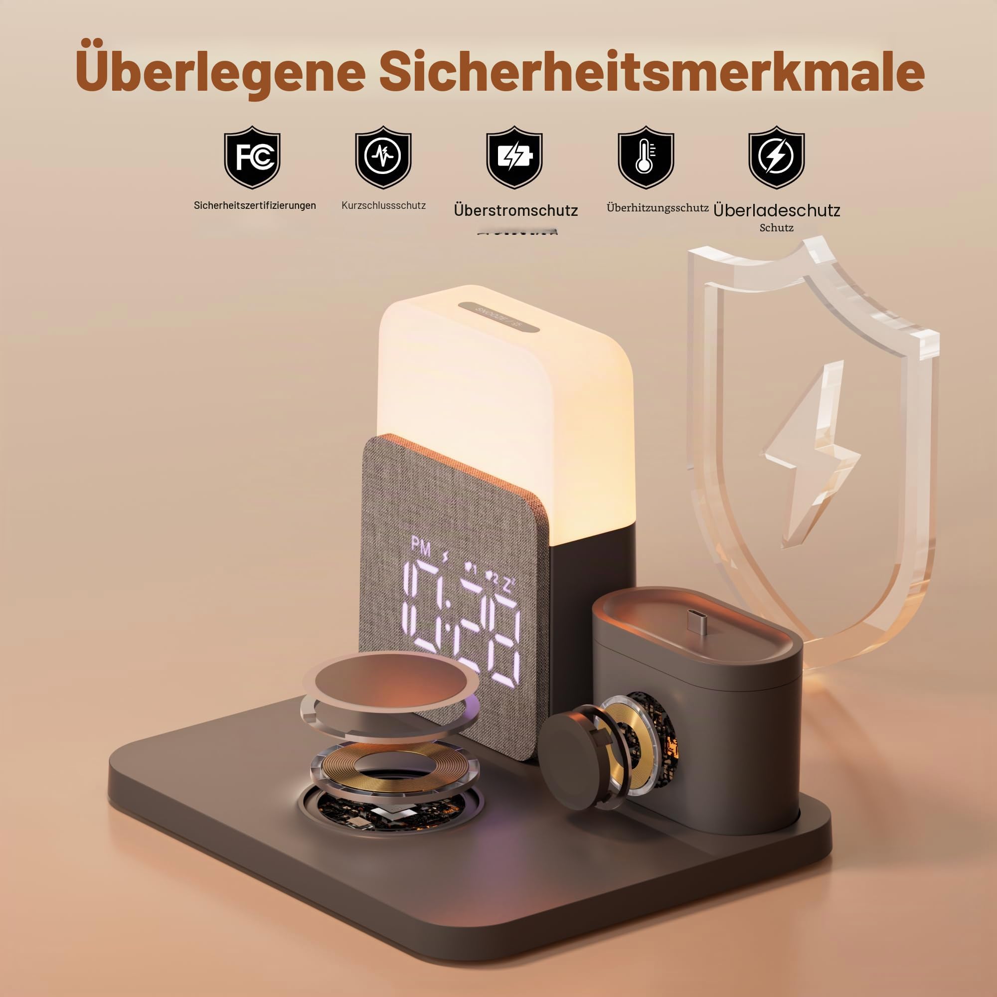5 in 1 Induktive Ladestation für A-pple Watch und Phone 17-11 und air-pods | 15W Wireless Charger Wecker mit Ladestation Nachttischlampe mit Ladefunktion mit Adapter zu Schlafzimmer