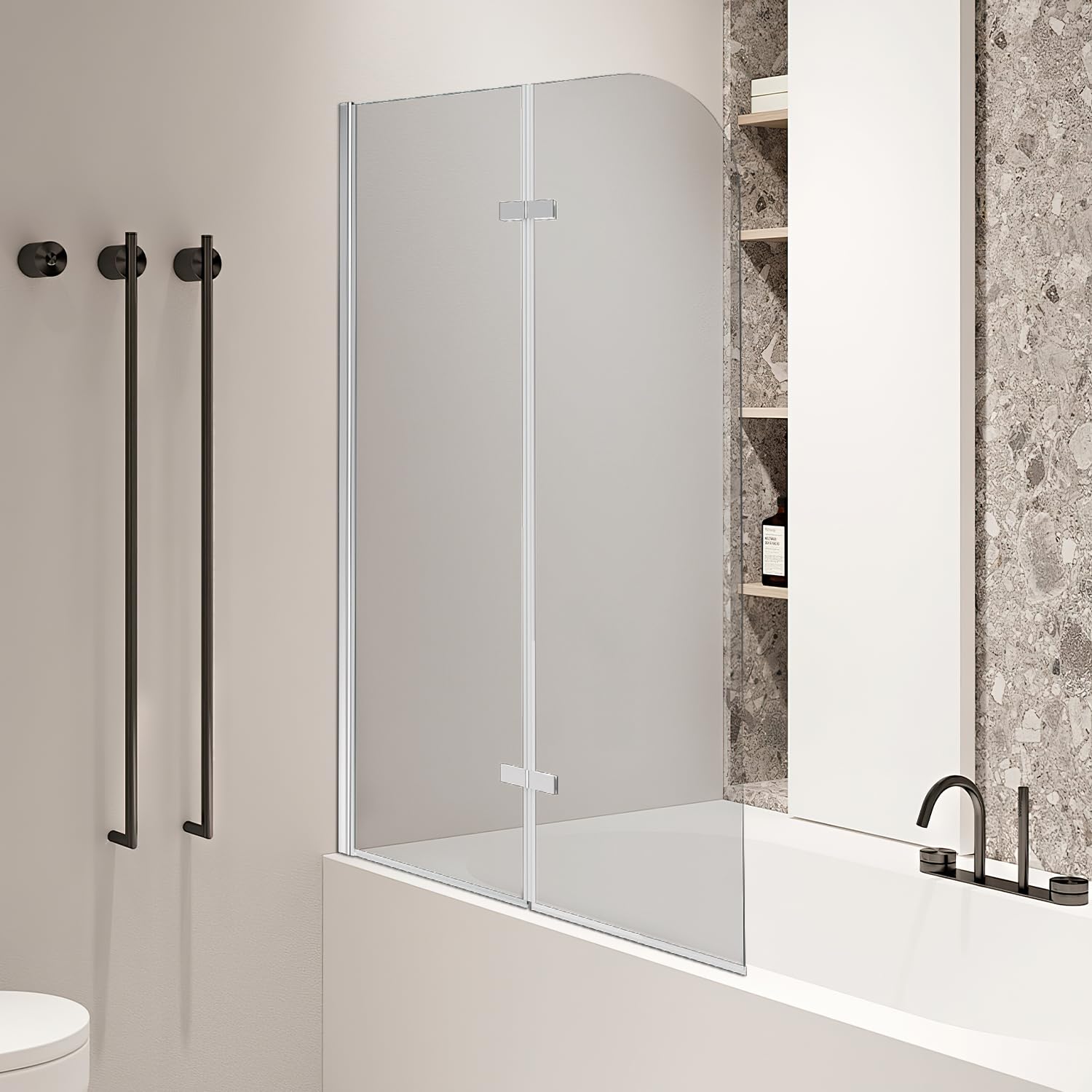 Parete Vasca 100 x 140 cm, Parete Doccia per Vasca Pieghevole a 2 Ante, Schermo Vasca in Vetro di Sicurezza ESG 6 mm, Orientabile 180°, Profilo Argento, Vetro Trasparente