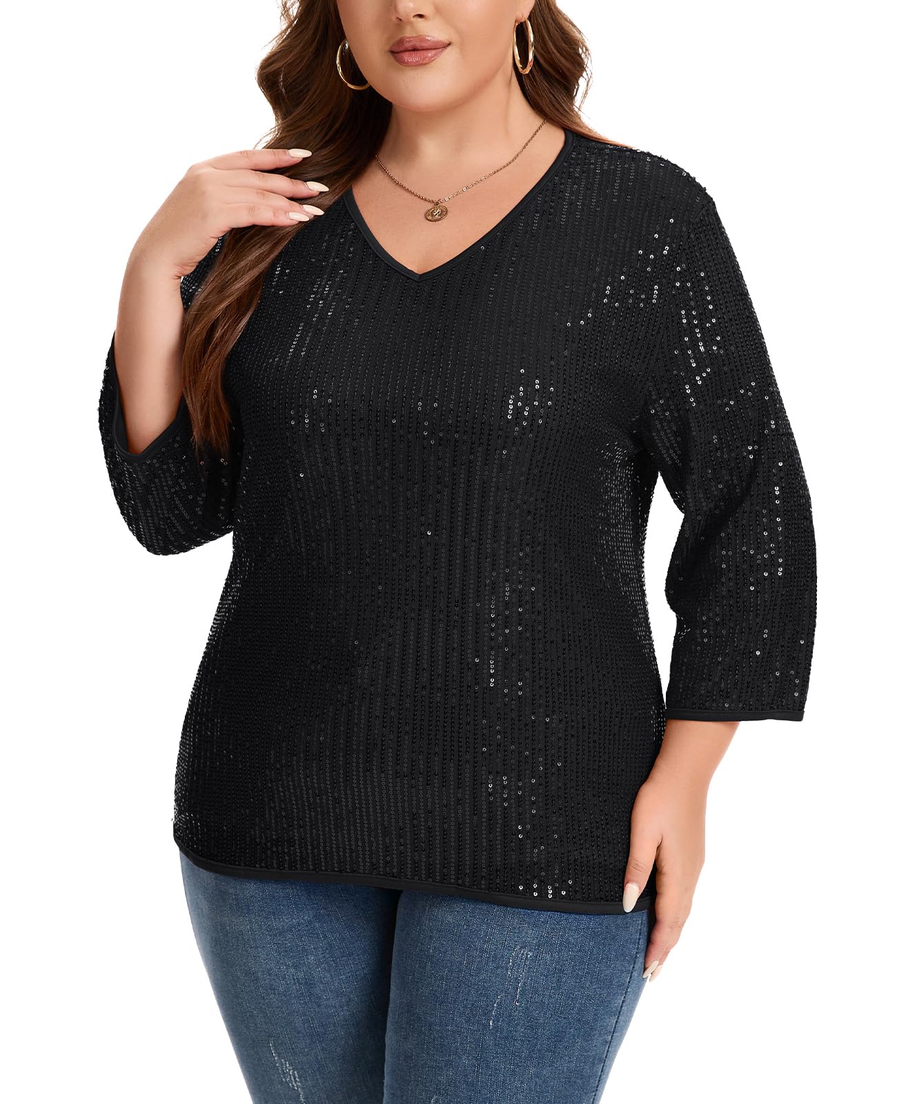 XL-5XL Grande taille Chemisier à paillettes T-shirt Femmes Haut à paillettes étincelantes Col en V Doublé Manches 3/4 Vêtements de soirée décontractées