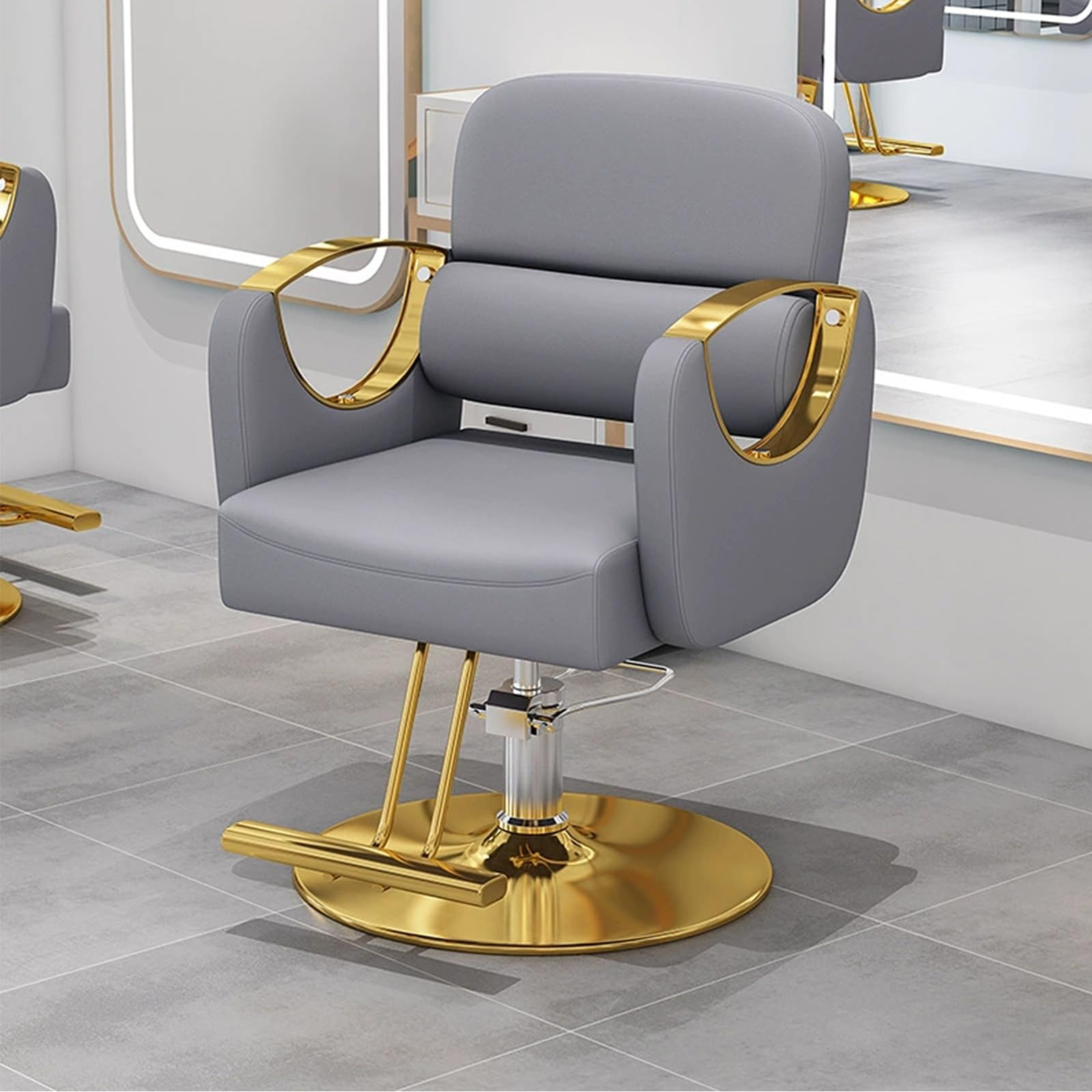 Sillones de barbero, sillón ergonómico para estilistas: Elevador hidráulico, Giratorio, Acero Inoxidable, Base de Disco Dorado barberías y Salones de Belleza (Acabado Cromado)