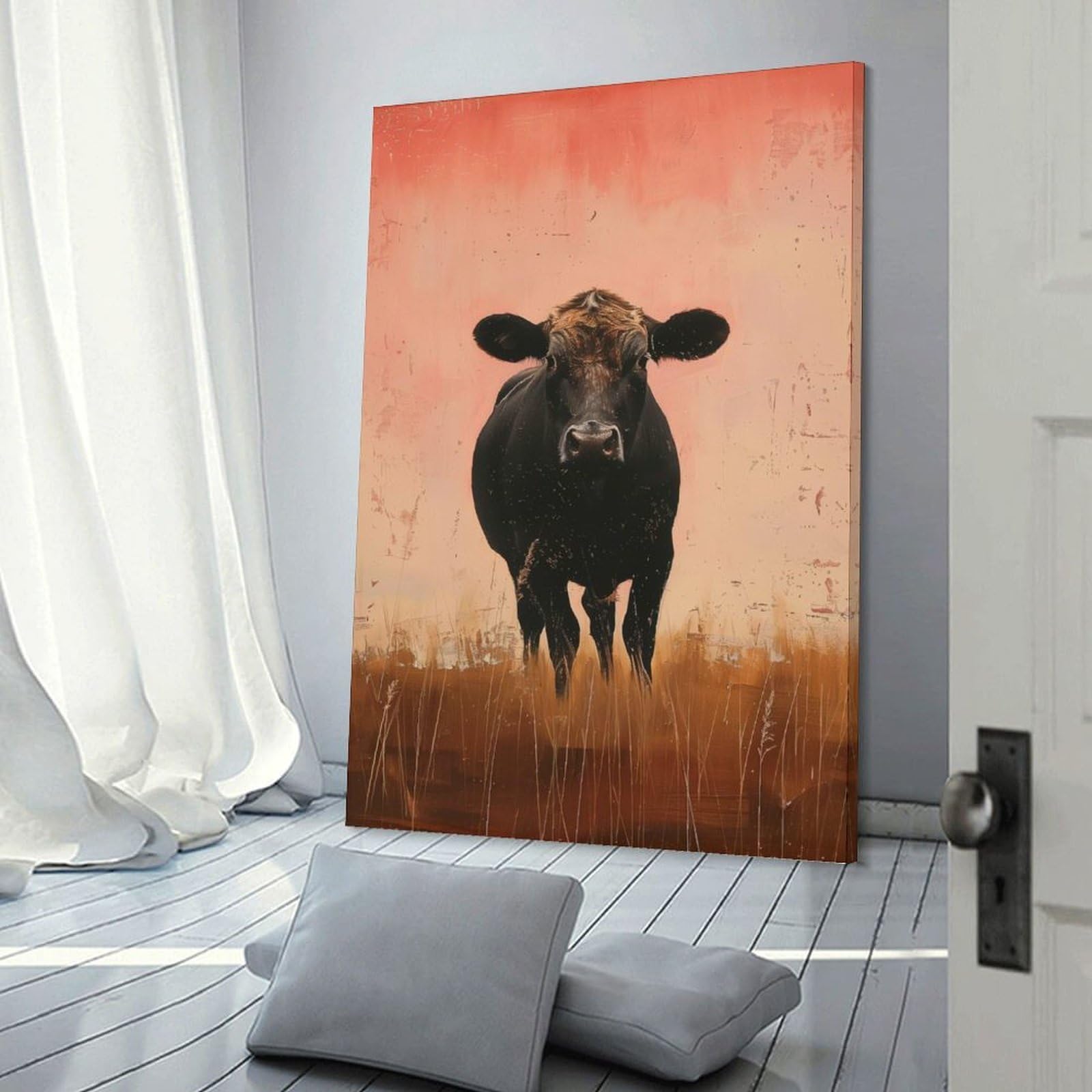 Junmoney Cow in Pastel Field Canvas Wall Decor 24x36inch(60x90cm), for Workspace Walls, Study Corners Or Bedrooms, Decorative Artwork for Productive Spaces