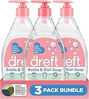 Dreft Baby Bottle & Dish Soap: Plant-Based, Fragrance-Free, Removes Milk Film & Odors from Bottles, Pacifiers, 18oz 3-Pack