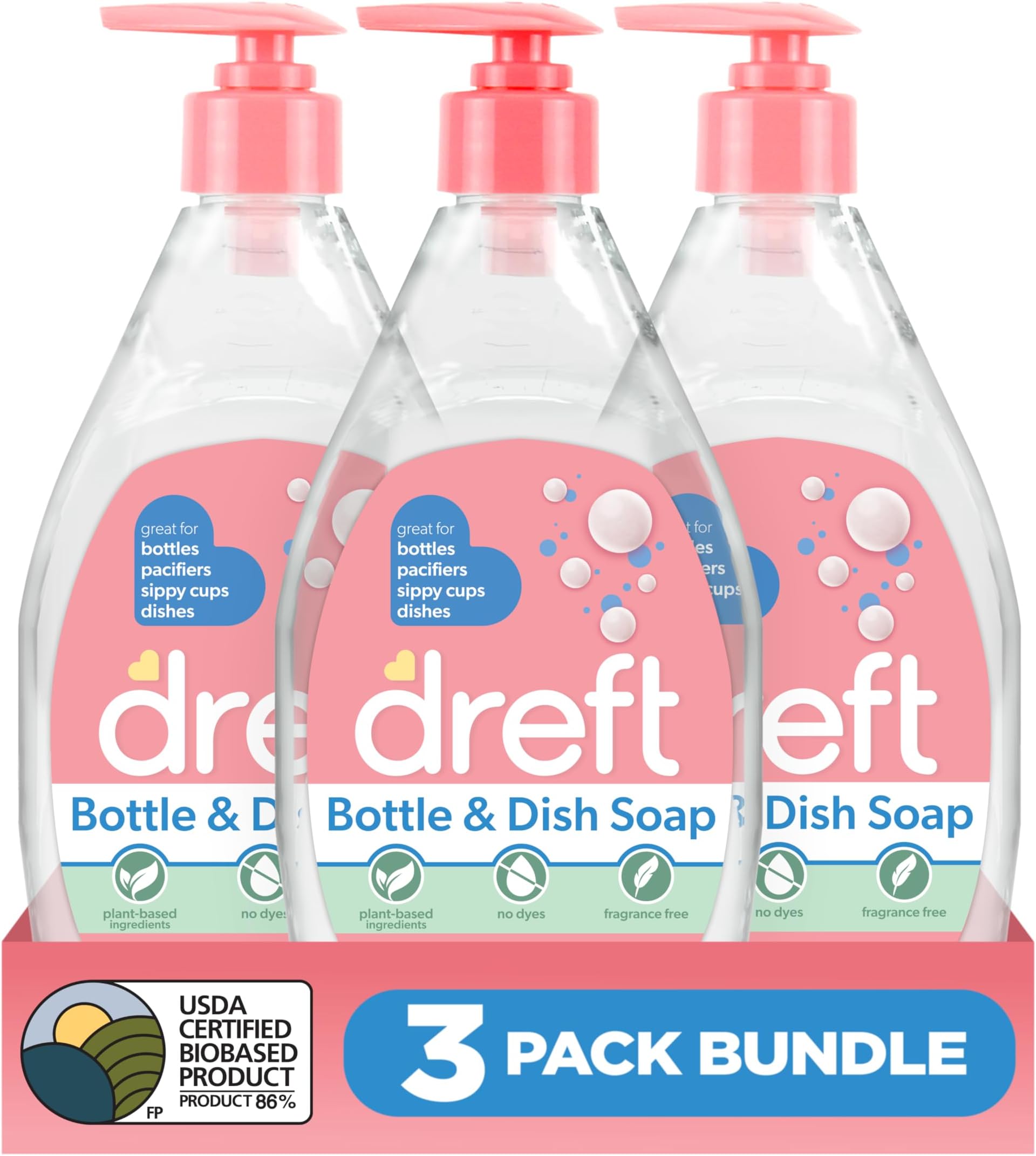 Dreft Baby, Bottle and Dish Soap, Removes Milk Film & Odor, Plant Based, Fragrance Free, 18 Fl Oz (Pack of 3, 54 Total Ounces)