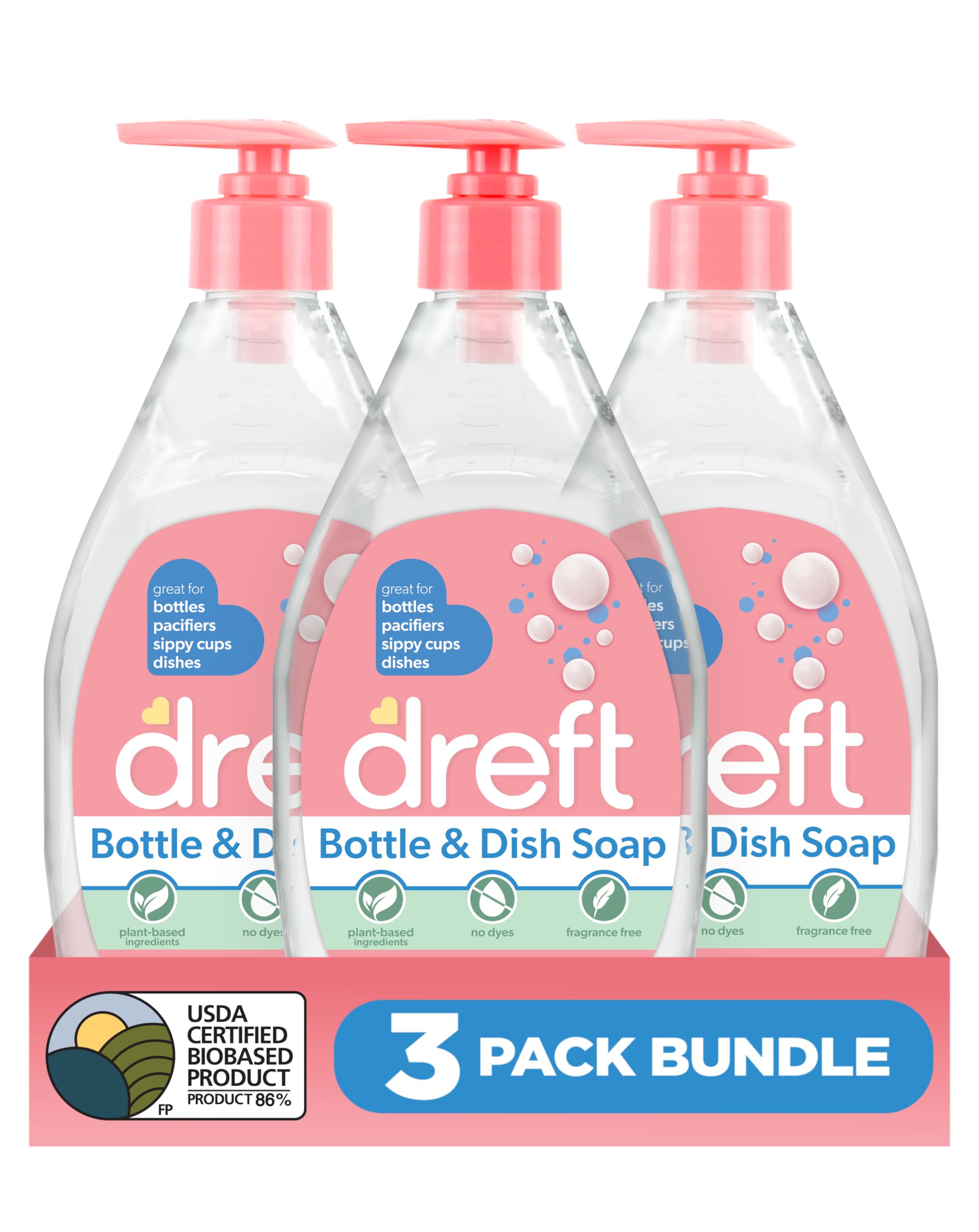 DREFT Bottle and Dish Soap | Made to Clean Baby Bottles, Sippy Cups, Pacifiers, Breast Pumps, & More | Gently Removes Milk Film & Odors | Plant Based, Fragrance Free Dish Soap | 18 Fl Oz (Pack of 3)