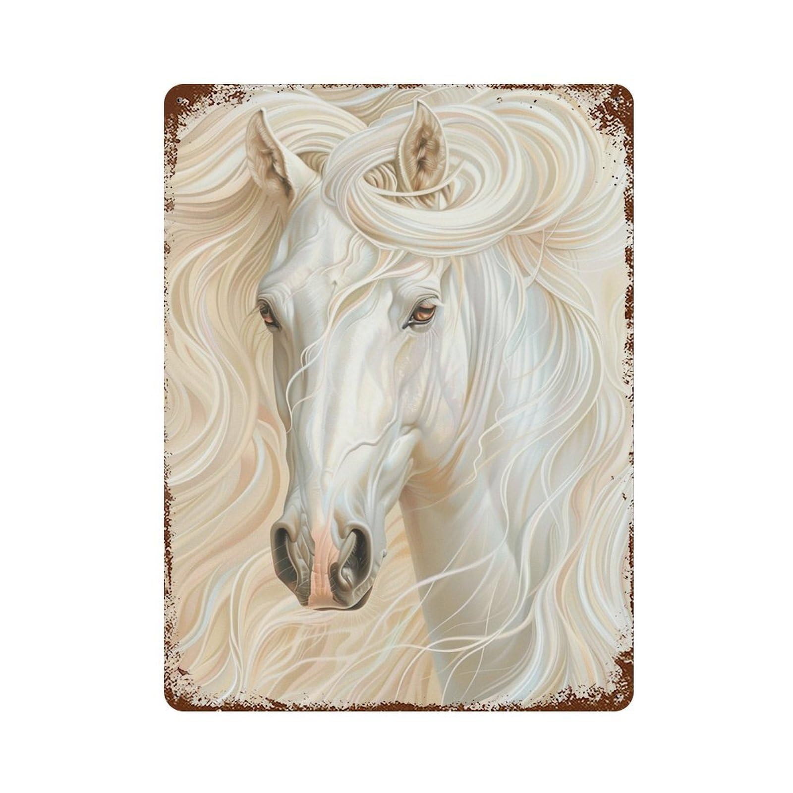 Whispering White Horse Art Print Rust Effect Tin Sign 15.7"x11.8", Farmhouse Wall Decor for Living Room, Hallway And Home Decor