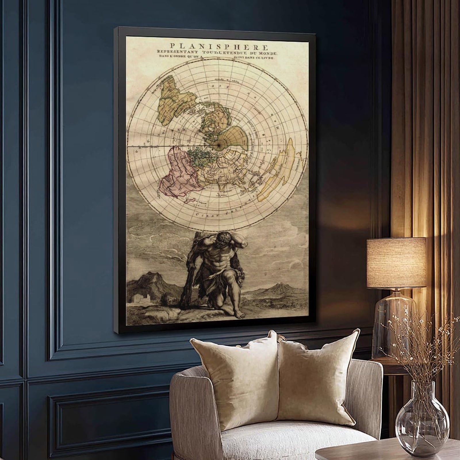 WCYB Flache Erde Planisphere Weltkarte Vintage 1715 – Louis Renard – Azimutel Äquidistant Poster Drucke Leinwand Deko Gemälde Wandkunst zum Aufhängen Rahmen 40,6 cm L