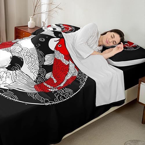 Miniatura 4 de Erosebridal Yin Yang - Juego de sábanas de tamaño individual, sábanas de estilo japonés para niños y niñas, chismes koi, decoración de peces, sábana
