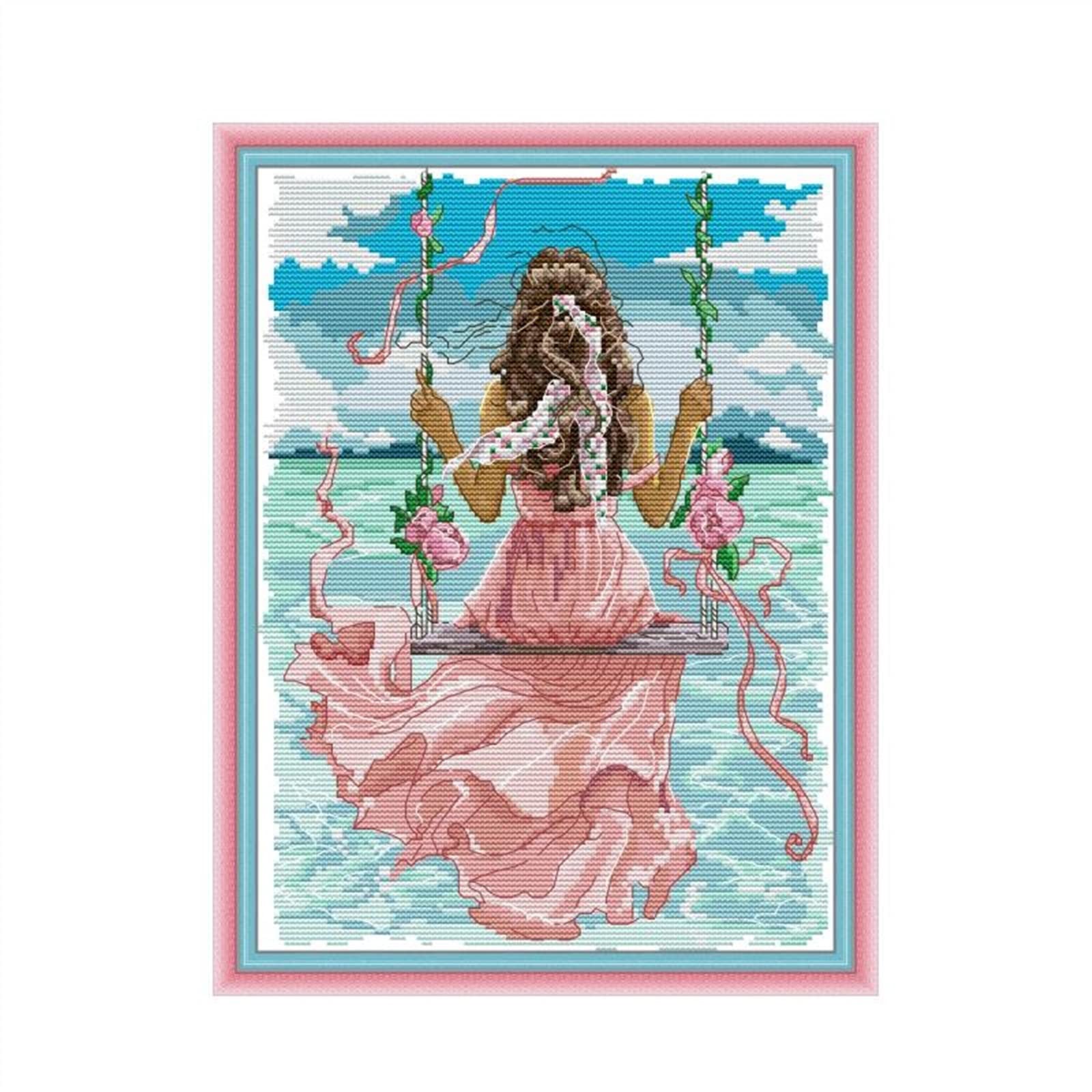Kit de point de croix fille vue sur la mer toile imprimée broderie 11ct couture manuelle