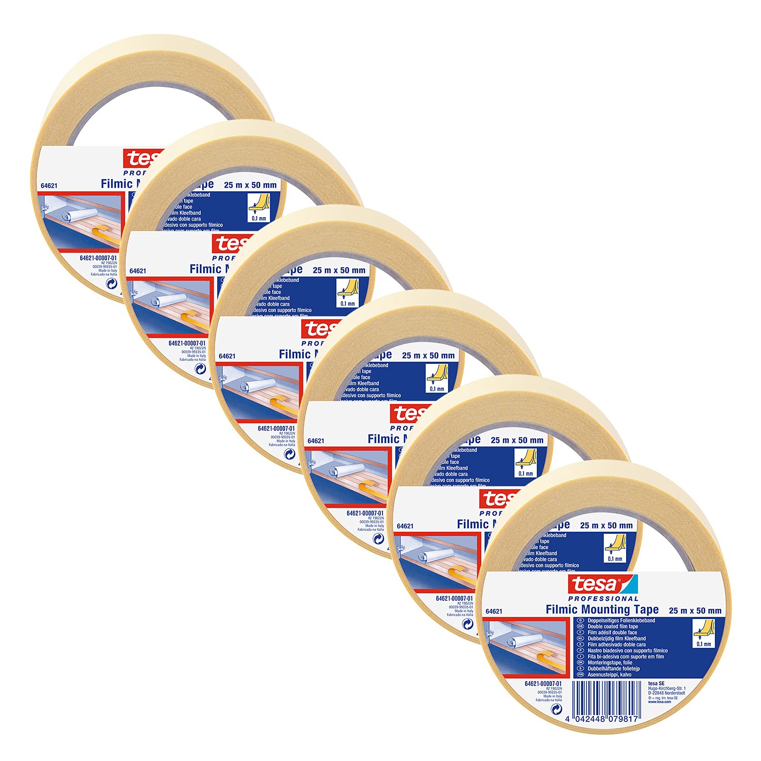 tesa fix 64621 Cinta adhesiva doble estándar resistente a la humedad para fijación y fijación, cinta adhesiva transparente, 25 m x 5 cm, paquete de 6 unidades