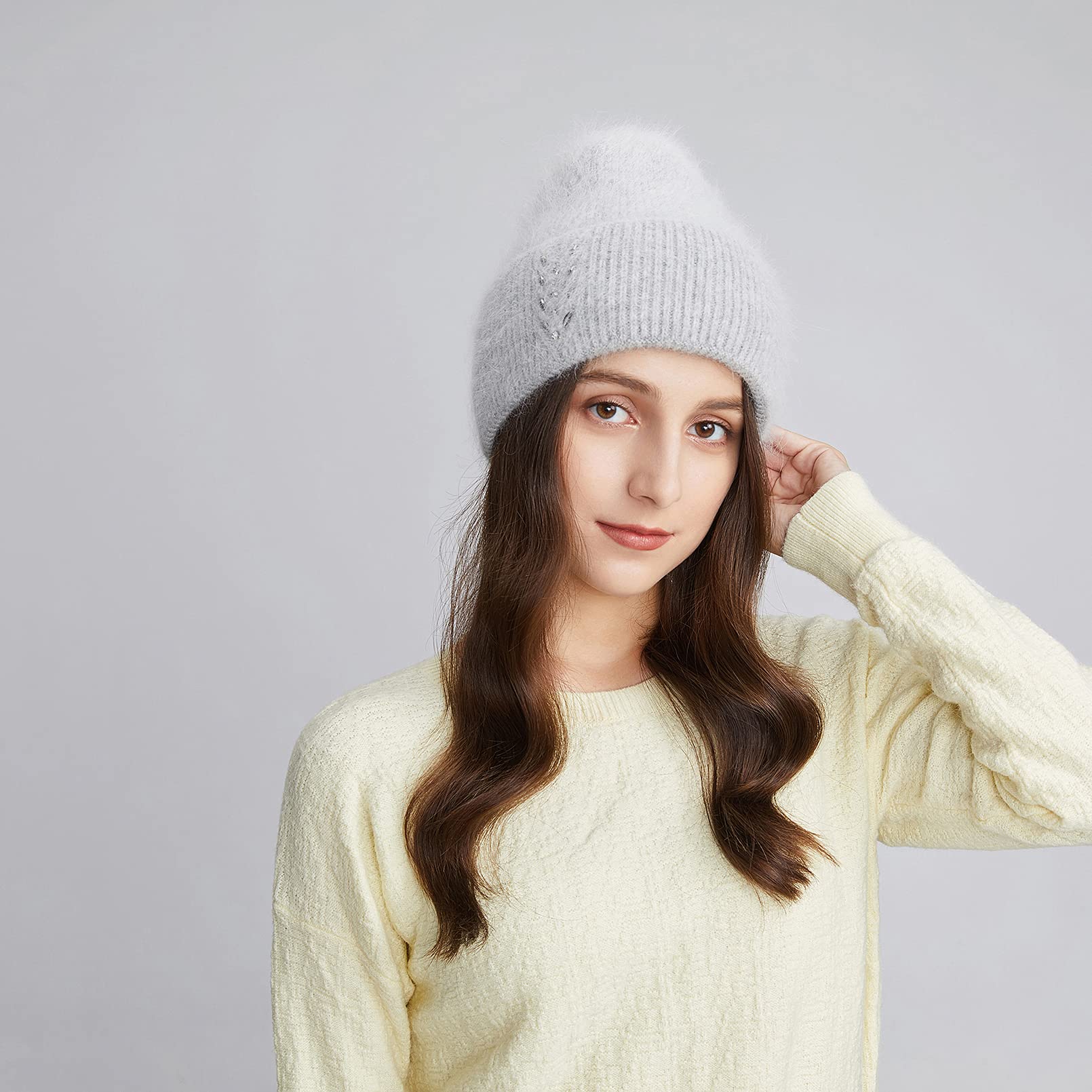 BeFur Bonnet à pompon en cachemire pour femme - Chaud - Côté large avec strass - Pour l'hiver, gris clair, Taille unique