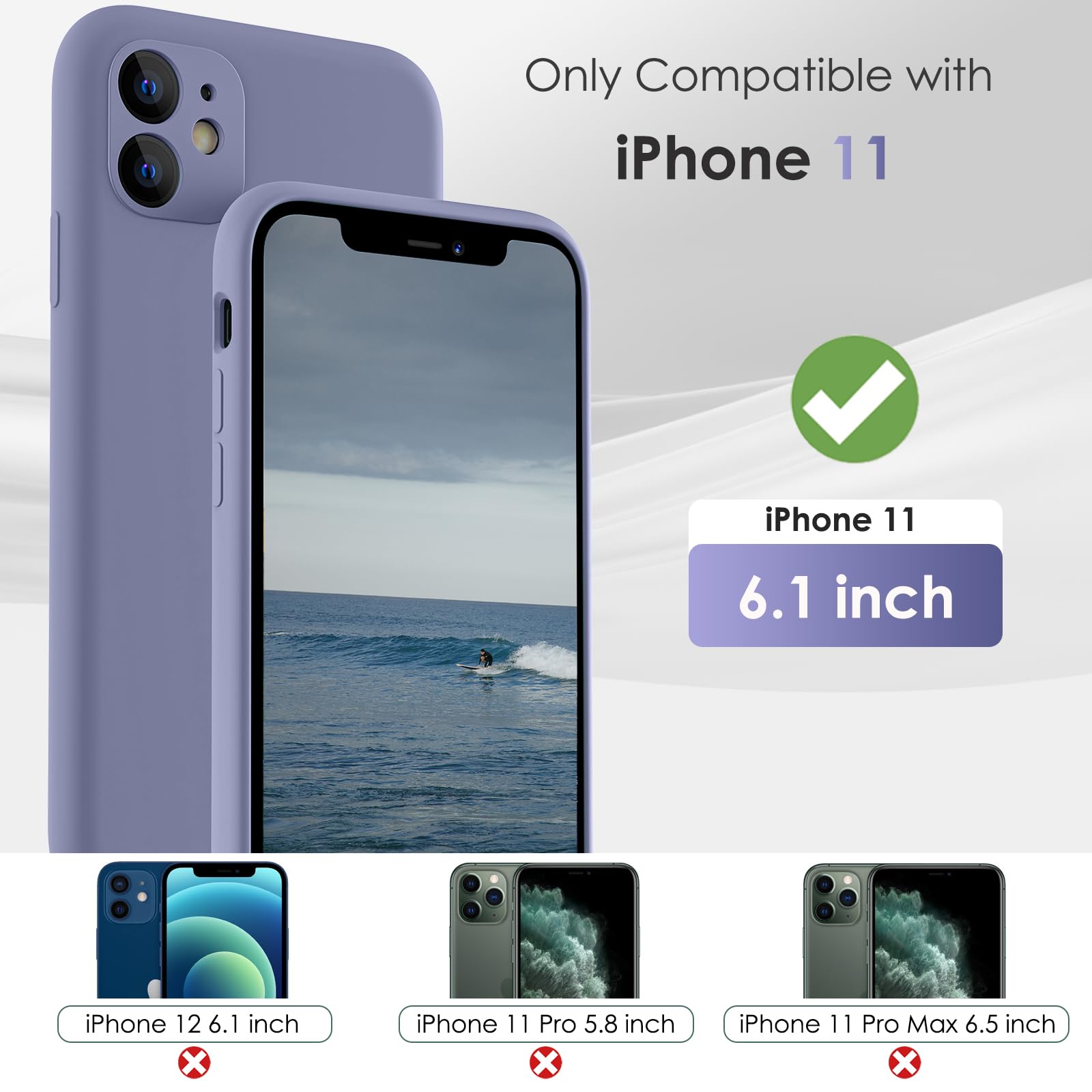 CALOOP Slim-Fit for iPhone 11 Case,Skin Soft Liquid Silicone,Sturdy Hard Frame Shockproof Cover with Anti-Scratch Microfiber Lining,Full Protection for Screen and Lens,6.1 inch(Lavender Gray) - Image 2