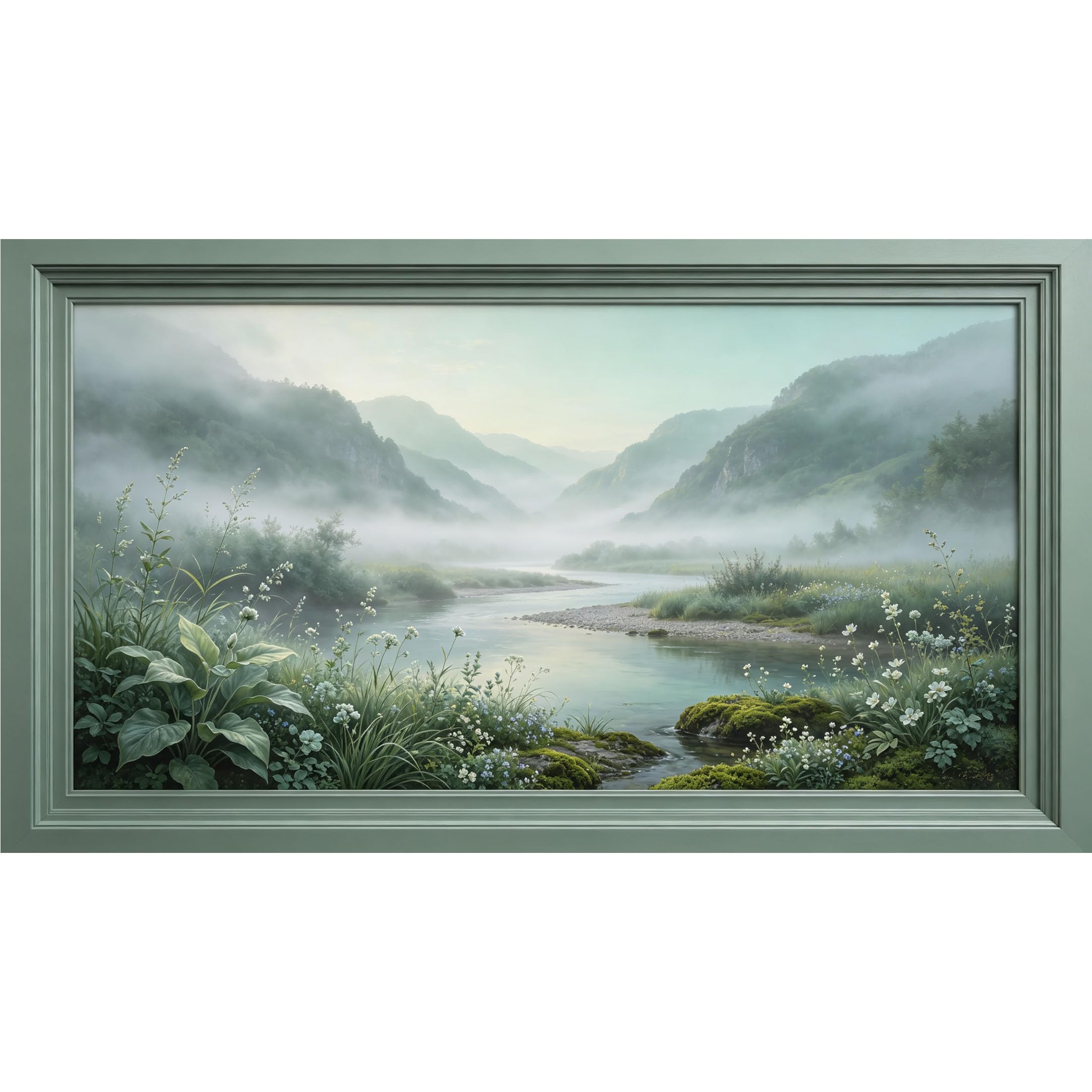 QZLITHOTIC 50x90cm3D Framed Wall Art， Misty Mountain Lake Landscape Self‑Adhesive Mural， Water‑Activated Peel & Stick Fabric Decor Wall Decal for Bedroom Living Room