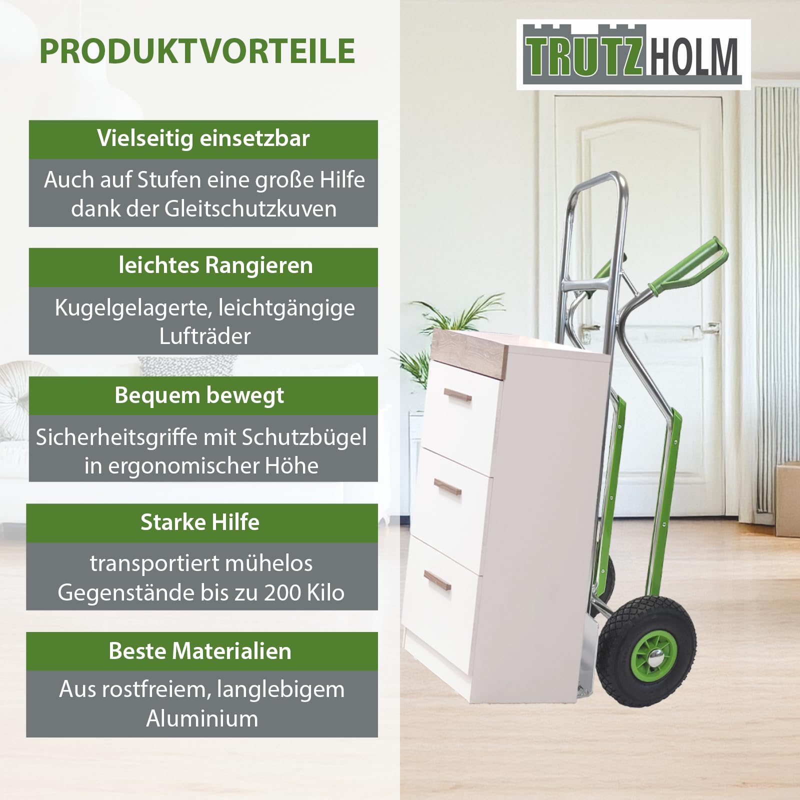 TRUTZHOLM Aluminium Sackkarre mit Treppenrutsche 200 kg Stapelkarre Transportkarre Treppensteiger Alu Klappbare Ladefläche Sicherheitsgriffe (200kg | Lufträder)