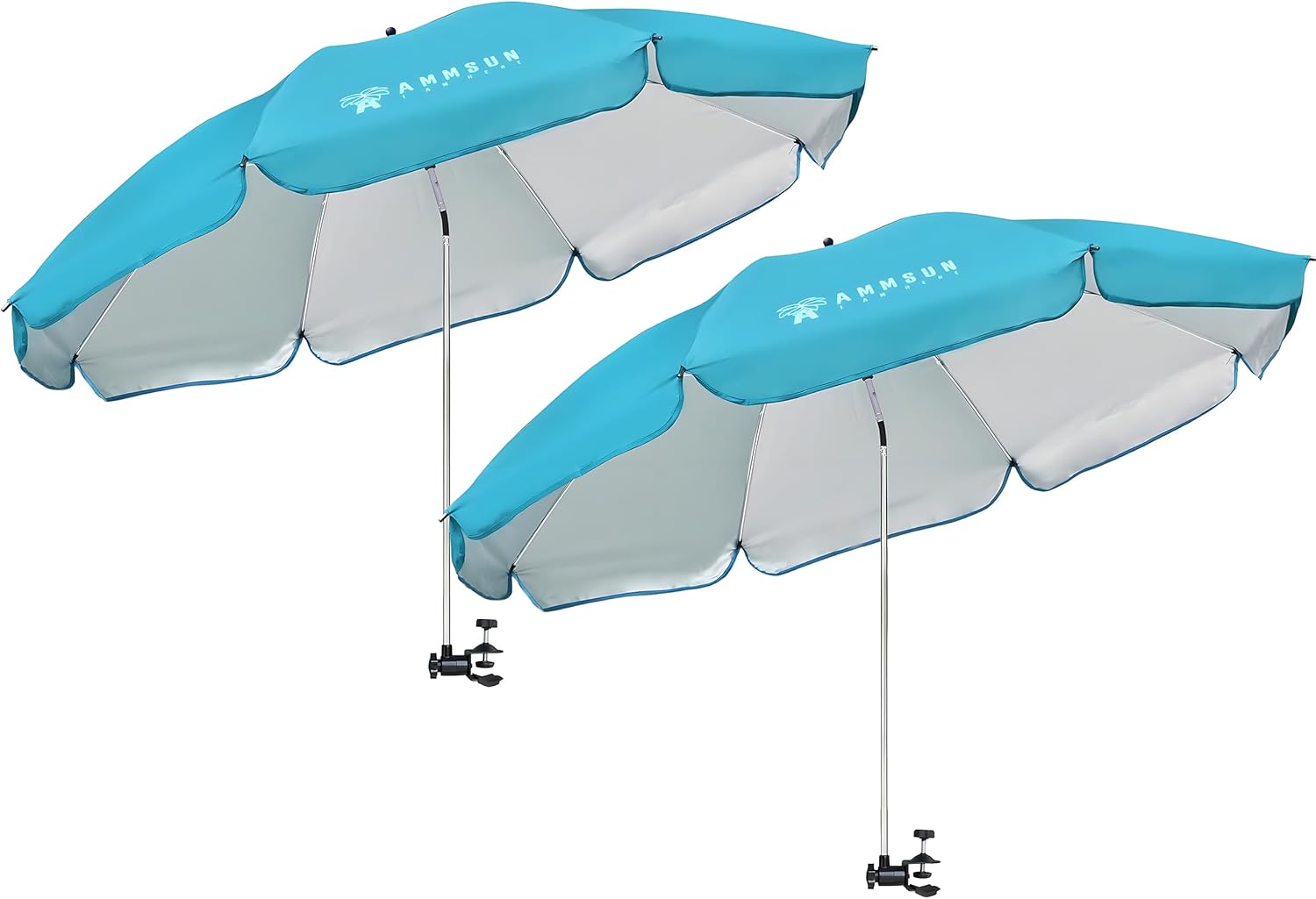 (Incomplete)AMMSUN XL Chair Umbrella with Universal Clamp Adjustable 47 inches and 360-degree Swivel UPF 50+, Portable Clamp on Camping or Beach Chair, Stroller, Wheelchair, Golf cart, Bright Blue, 2 PACK Bright Blue-2 PACK
