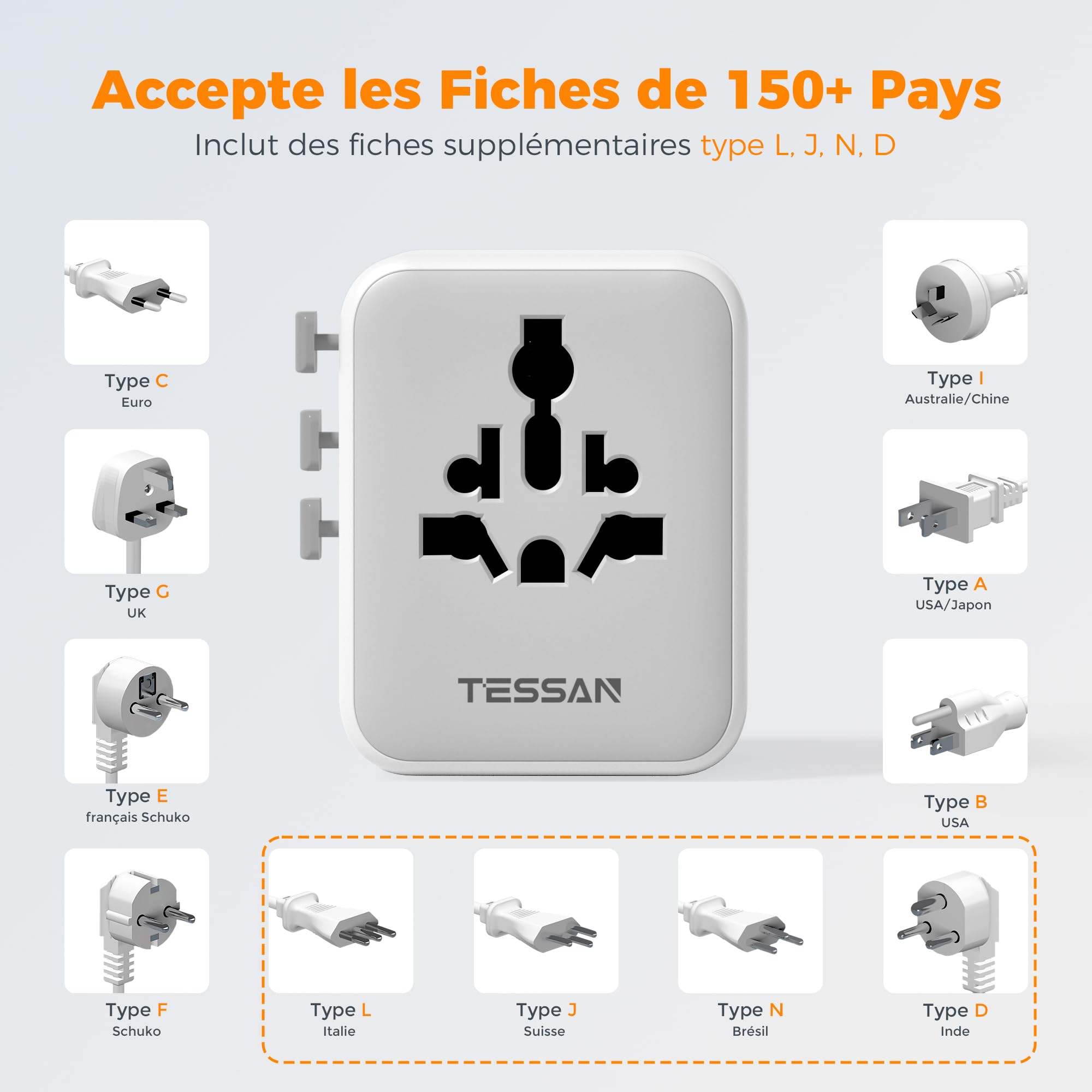 TESSAN Adaptateur Prise Universelle, Chargeur Universel 2 USB C 2 USB A Voyage France vers UK USA Canada Australie