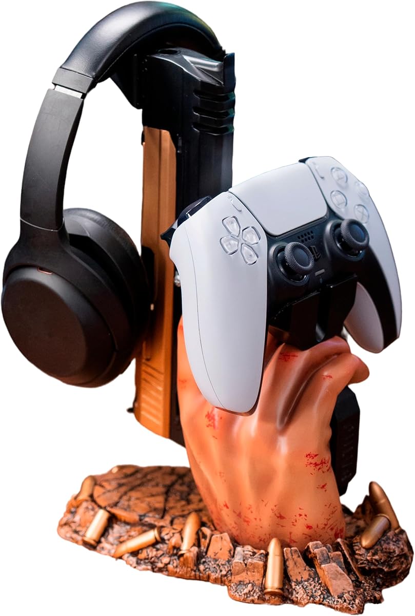 Exclusivo soporte para controlador de juegos y soporte para auriculares para GTA VI, Call of Duty y Fortnite Gaming Room Decor | Accesorios para la sala de personal para PC, PlayStation y Xbox | Decoración de tirador | Regalo para jugadores, adultos, niños, accesorios.