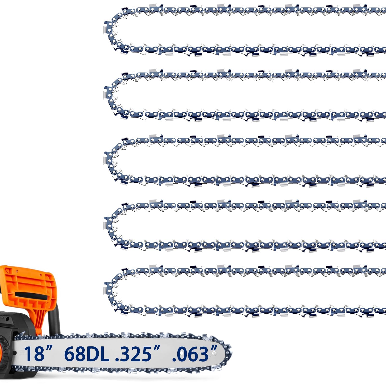 5 Pack Chainsaw Chains Fits Stihl 18 Inch .325" Pitch .063" Gauge 68 Drive Links, Fits Stihl (PRE 2023 .063" Gauge) MS251, 025, MS 230, MS250, V68, L68 (5 Chains)